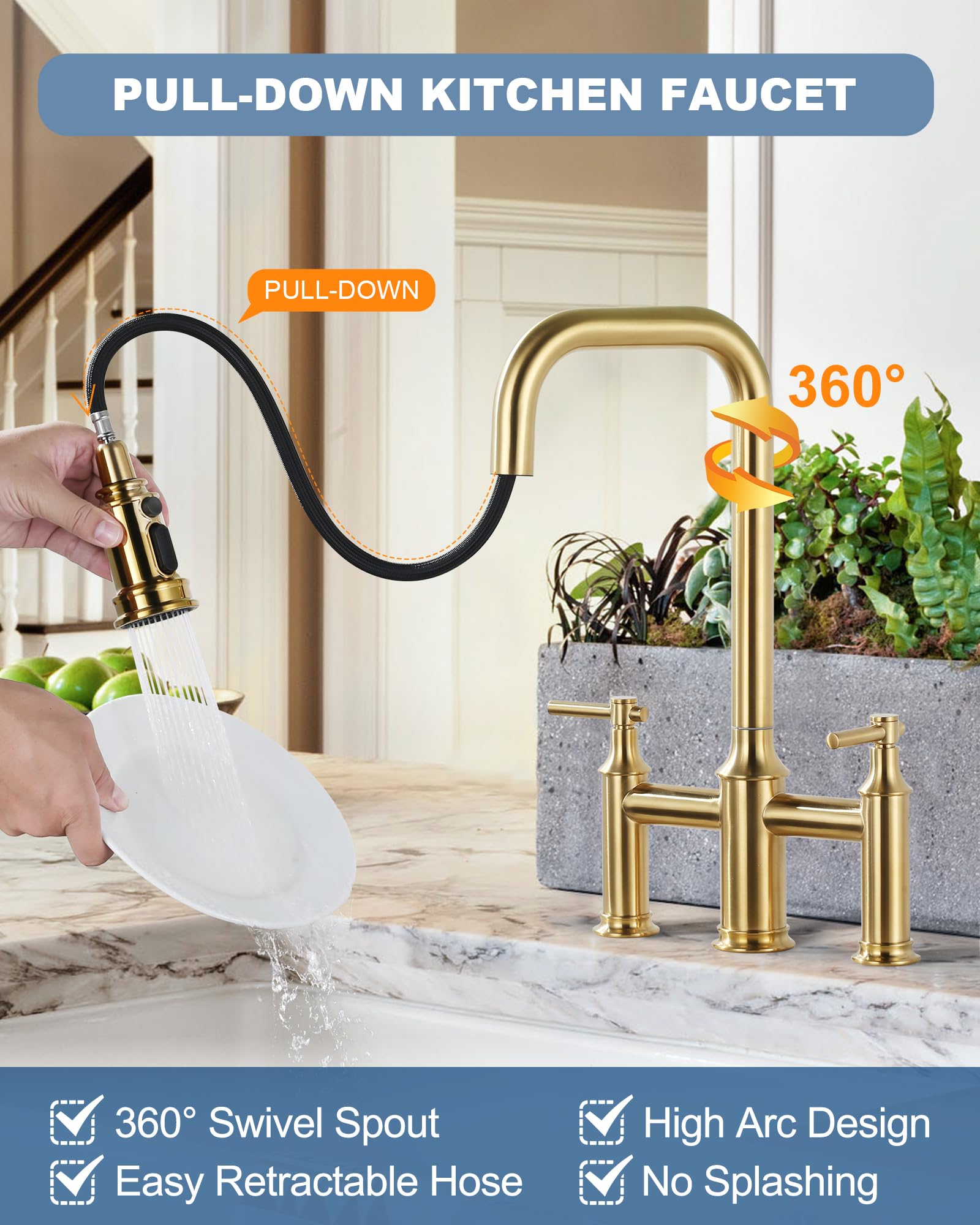 Arcora Bridge Kitchen Faucet Brushed Gold: Two Handles 8 Inch Centerset Brass - 3 Holes High Arc With Pull Down Sprayer For Farmhouse, 360 Swivel Spout