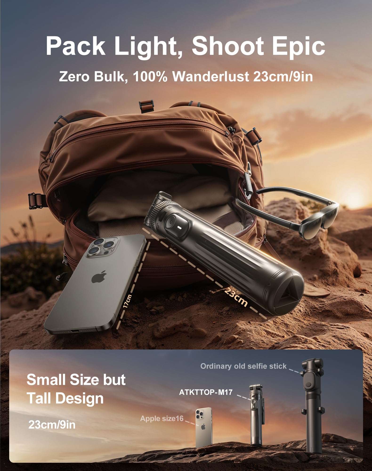 Atkttop Mini But 67'' Selfie Stick Tripod For Iphone Android Compact Stable Telescopic Legs With Remote Control 1/4 Extension Interface, Anti-Shake Stability (Black, M17)