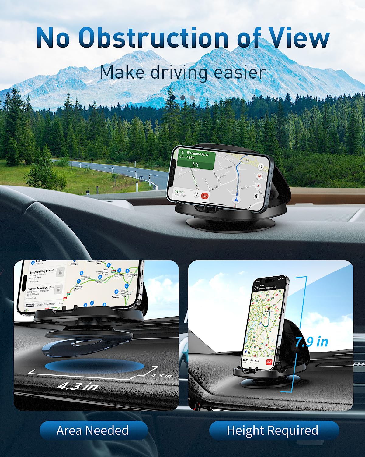 Awelbuy Phone Mount For Car, 360° Rotatable Dashboard Horizontal & Vertical Viewing Cell Phone Holder, Washable Reusable Car Phone Mount, For Iphone Samsung & Smartphones