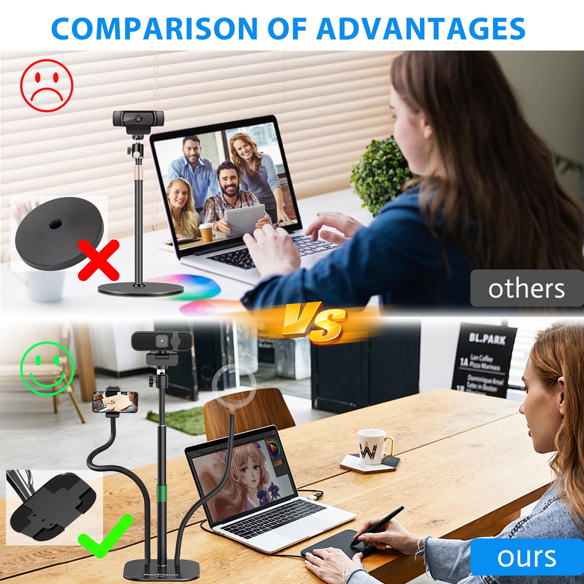 Aorpixun Webcam Stand For Desk 3 In 1 Flexible Webcam Mount Computer Camera Stand Desktop Microphone Stand With Phone Clip For Logitech Webcam Series, Ring Light, Phone, Mic And 1/4" Screw Device