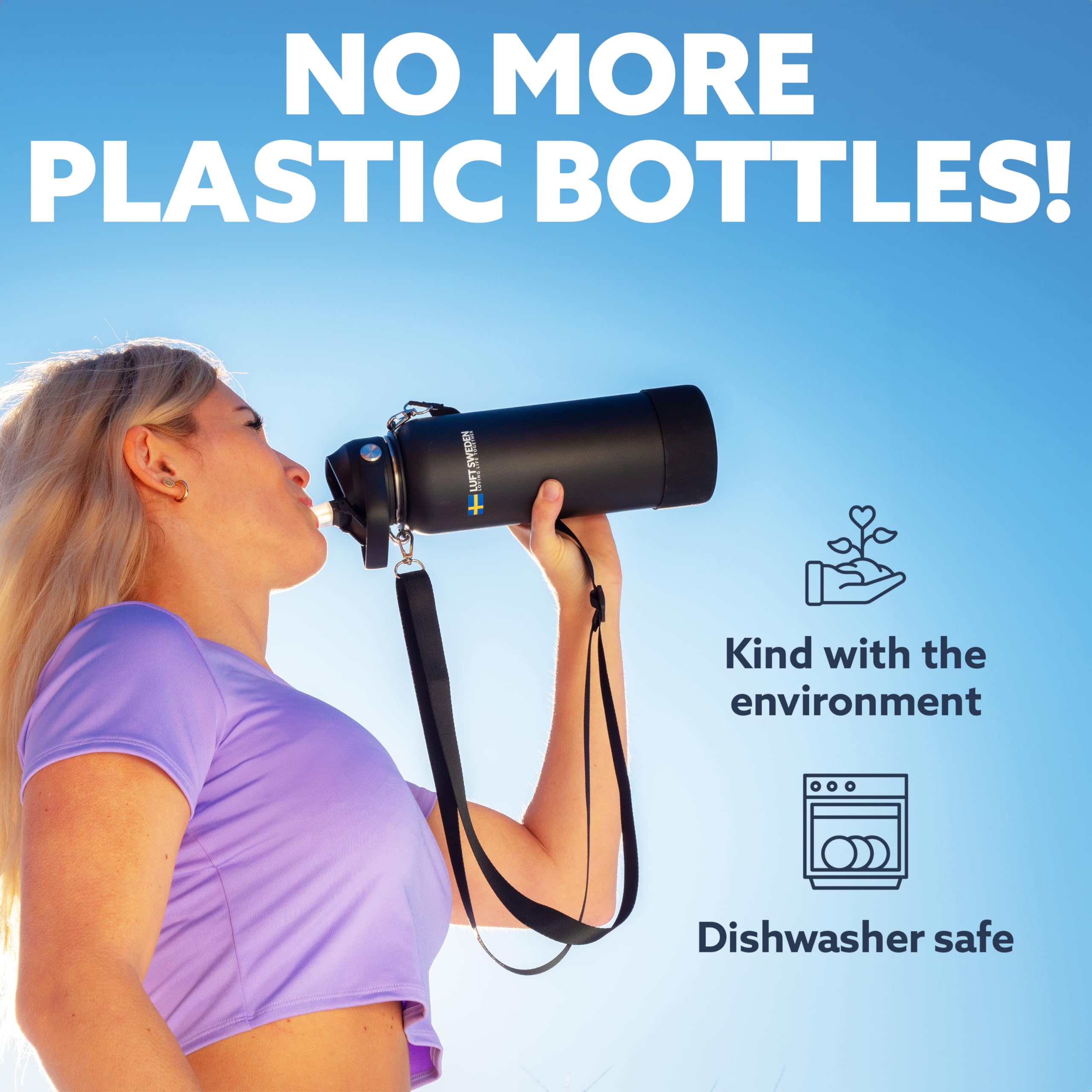 Luft Sweden Reusable Insulated Water Bottle Stainless Steel - Leakproof Double Wall Insulated Water