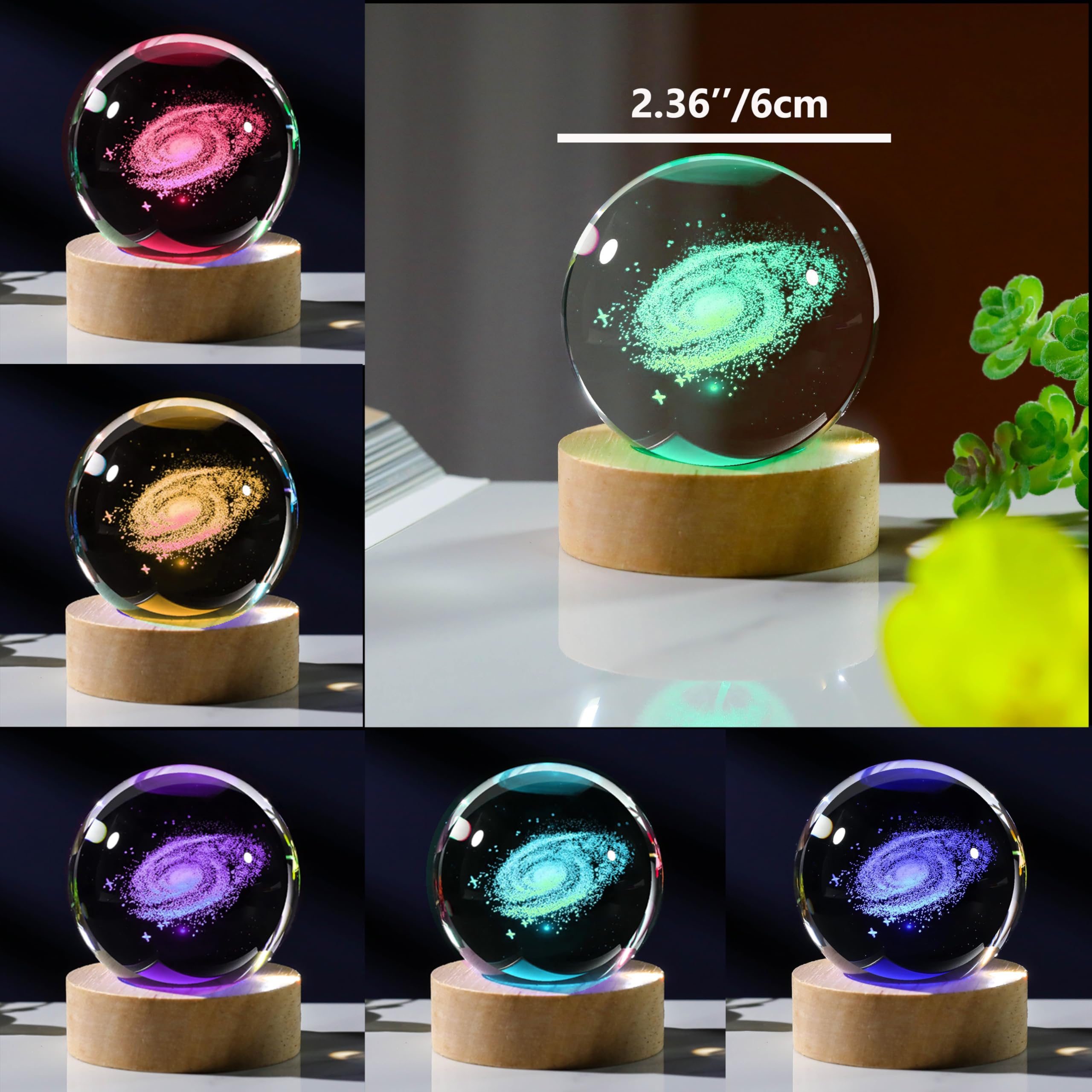 Precious Memorial 3D Galaxy Crystal Ball Night Light With Remote  2.36 Inch Galaxy Planets Glass Ball Lamps With 16 Color Led Wooden Base For Birthday, Astronomy Space Universe  For Boys Girls