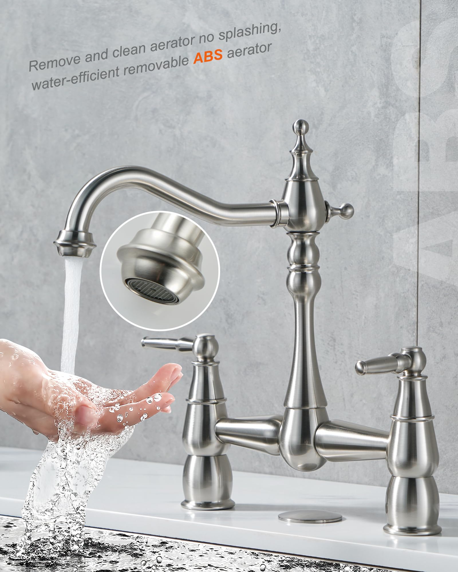 Aleasha Bridge Centerset Kitchen Faucet For Sink, Deck Mount Brass Vintage Farmhouse Kitchen Faucet, 2 Handle 2 Hole 360 Degree Swivel Copper Faucet, Brushed Nickel