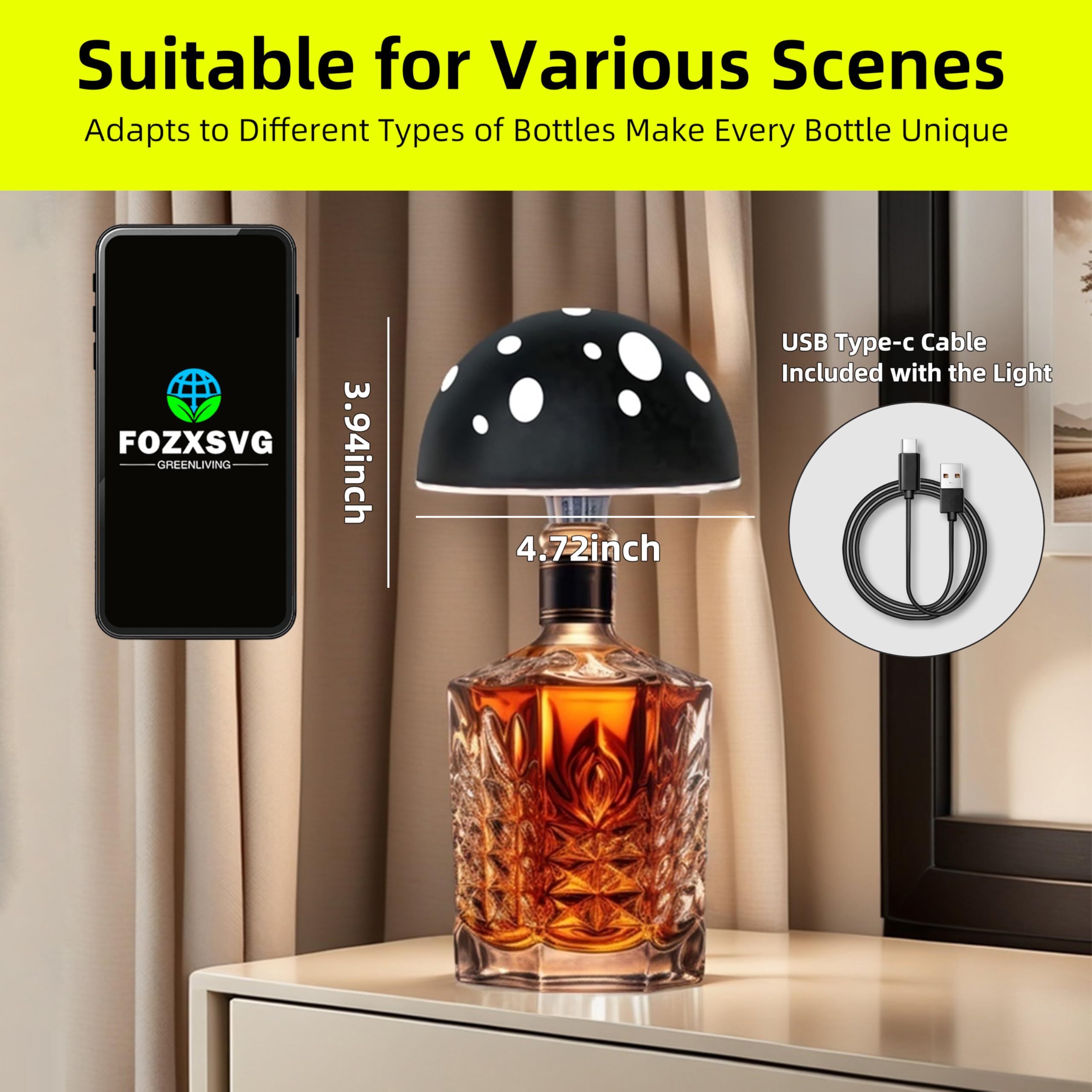 Fozxsvg Mushroom Bottle Lamp, Alloy Wine Bottle Lights, Led Table Lamps With 2000Mah 3 Color Adjustable For Bedroom, Bar, Restaurant (Black)