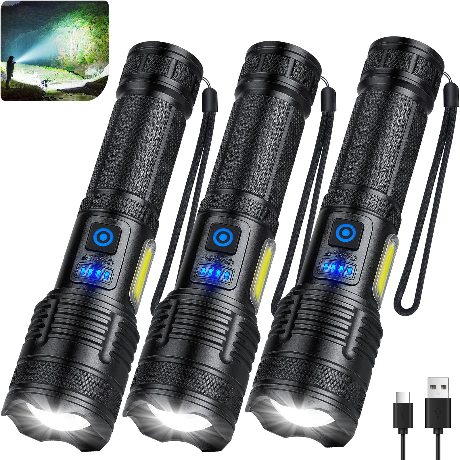 Kingcaesar 3 Pack Rechargeable Flashlights 990000 High Lumen, Ultra Bright Led Flash Light For Home, High Powered Flashlights With 7 Light Modes, Ipx7 Waterproof For Camping