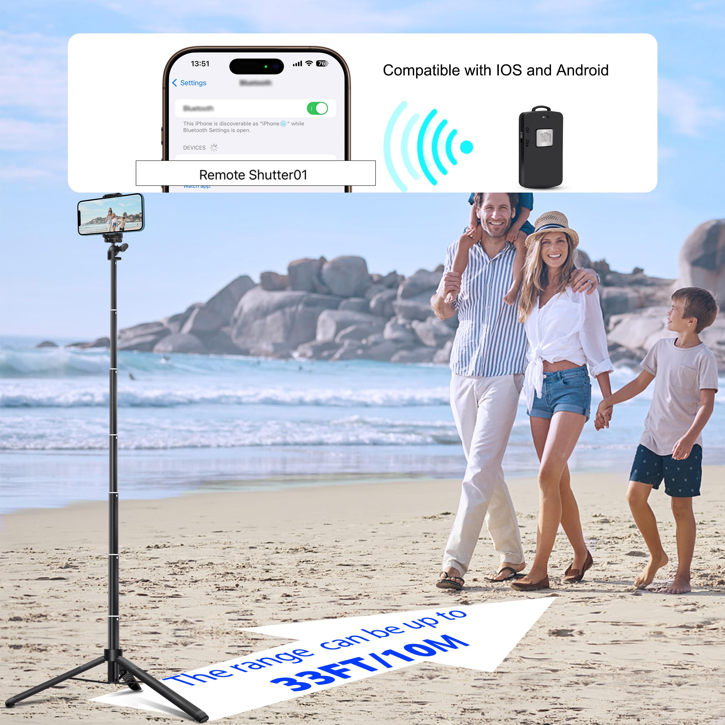 Bluehorn Extendable 62 Inches Aluminum Alloy Selfie Stick Phone Tripod Stand Model With Wireless Remote Shutter Compatible With All Cell Phones/Live Stream/Vlog/Iphone 16/15/14/13/Android