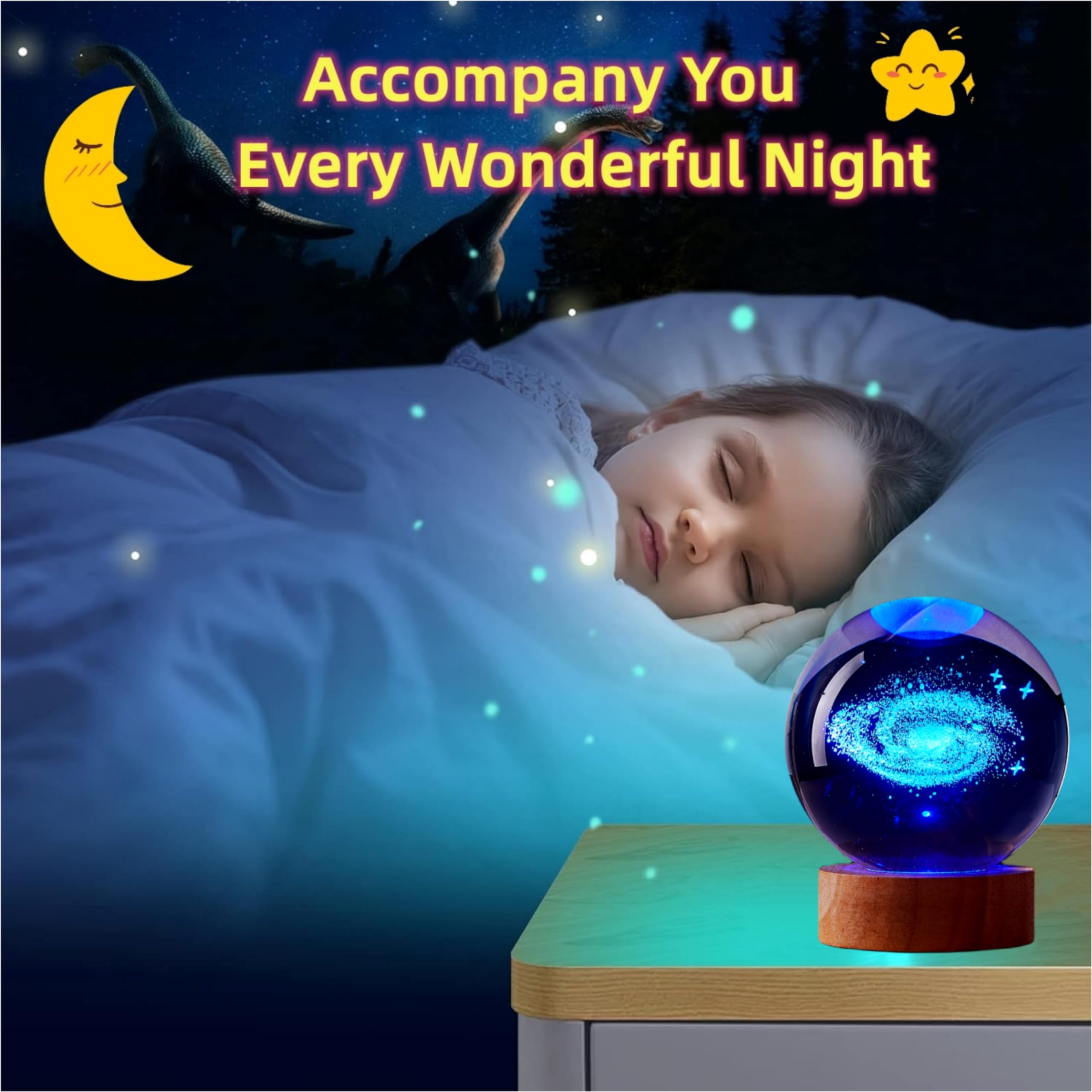 Digfpwt 3.15 Inch Galaxy Crystal Ball Lamp, 3D K9 Crystal Night Light With Wooden Base, 16 Colors Change With Remote Control, Clear Glass Light, Birthday  For Friends