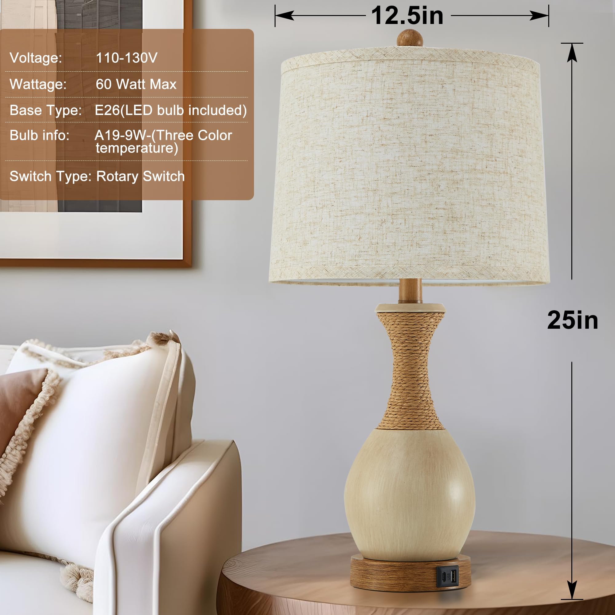 Ejiaxin Table Lamp For Bedroom Set Of 2 - Bedside Table Lamps With 3 Color Temperatures - Boho Rattan Lamps For Nightstand With Usb A+C Charging Ports Farmhouse Living Room Lamp Bulb Included