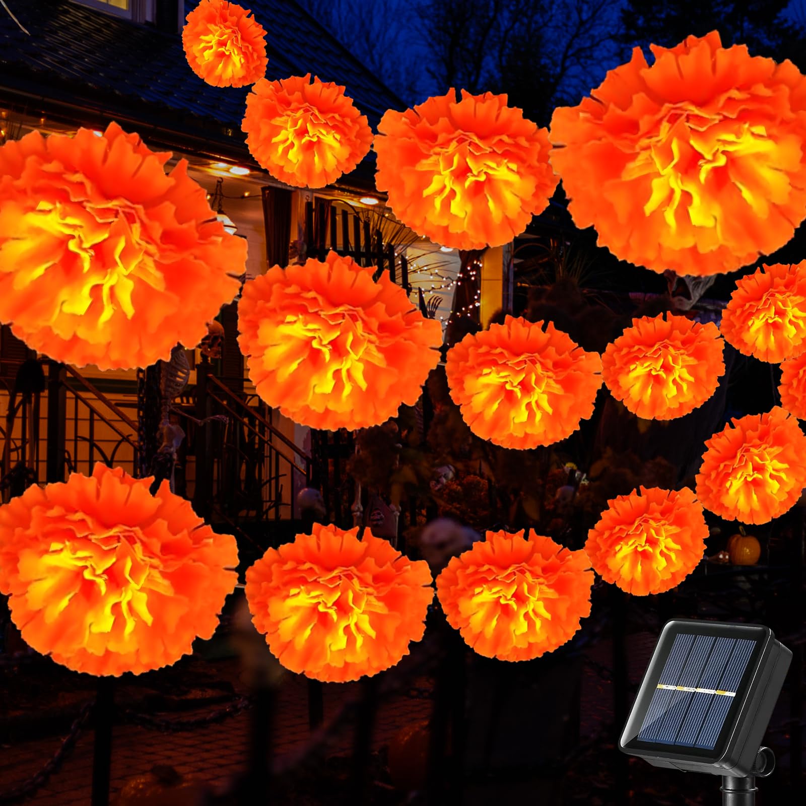 X-Giftkey Solar Marigold String Lights For Halloween Garland Decorations Outdoor,19Ft 30Led Marigold Flowers Halloween Lights,Solar Halloween String Lights For Porch Window Yard Garland Decor