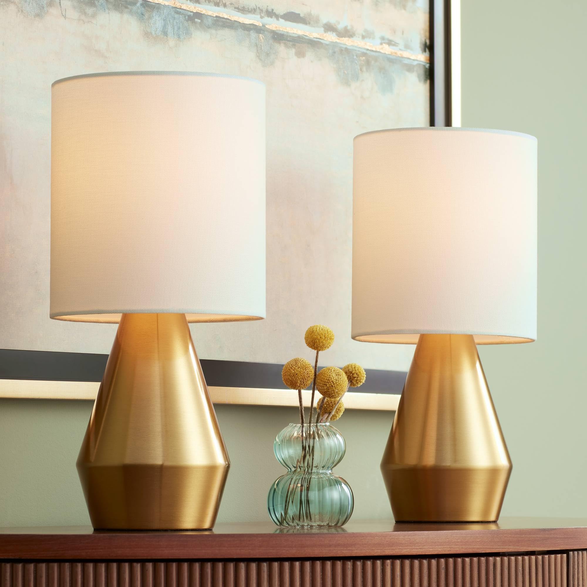 360 Lighting Marty Modern Glam Accent Table Lamps 14 3/4" High Set Of 2 Brass Gold Metal Tapered Frame White Fabric Cylinder Shade Decor For Bedroom House Bedside Nightstand Home Office