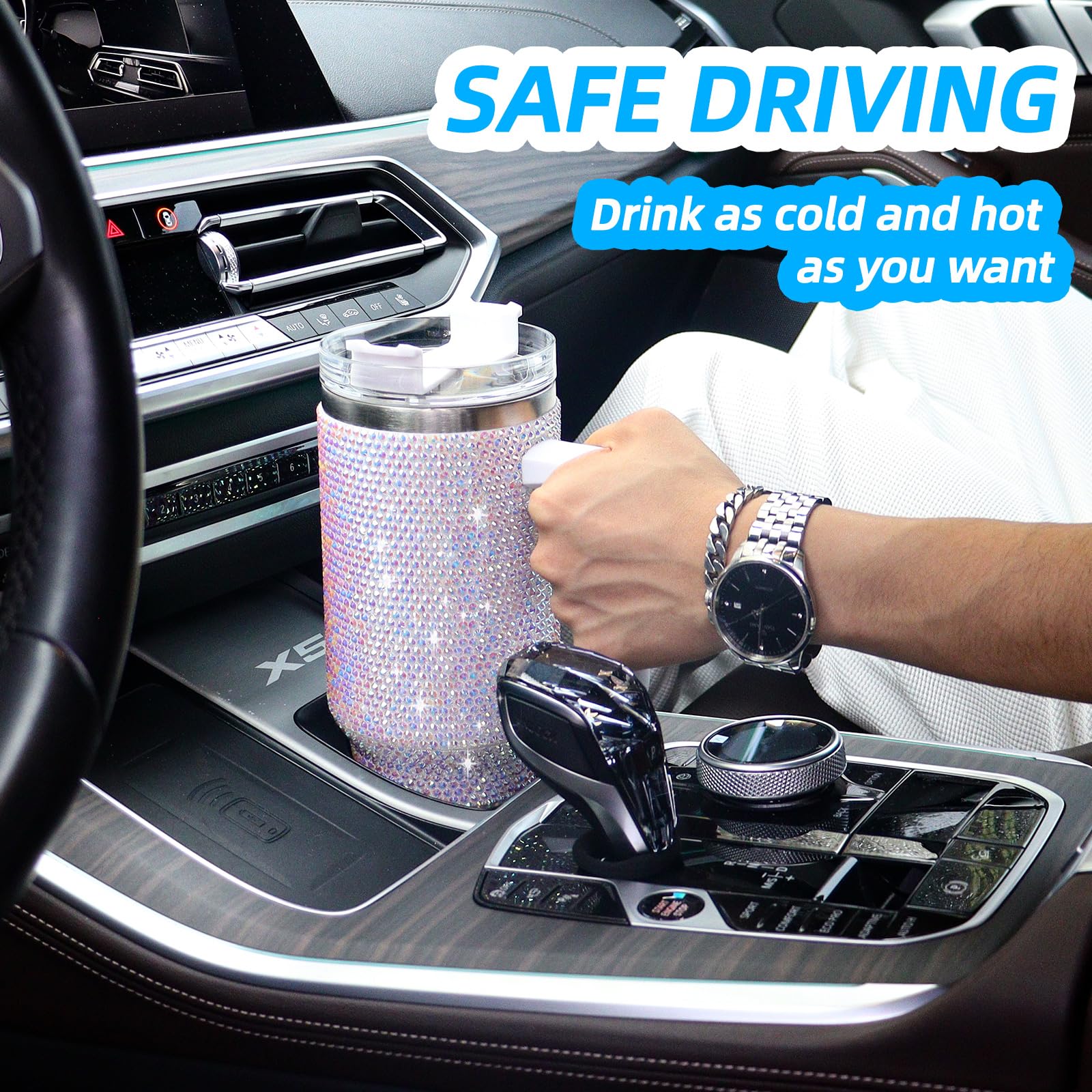 40Oz Bling Tumbler With Handle Studded Rhinestone Tumbler Glitter Cups With Lid Stainless Steel