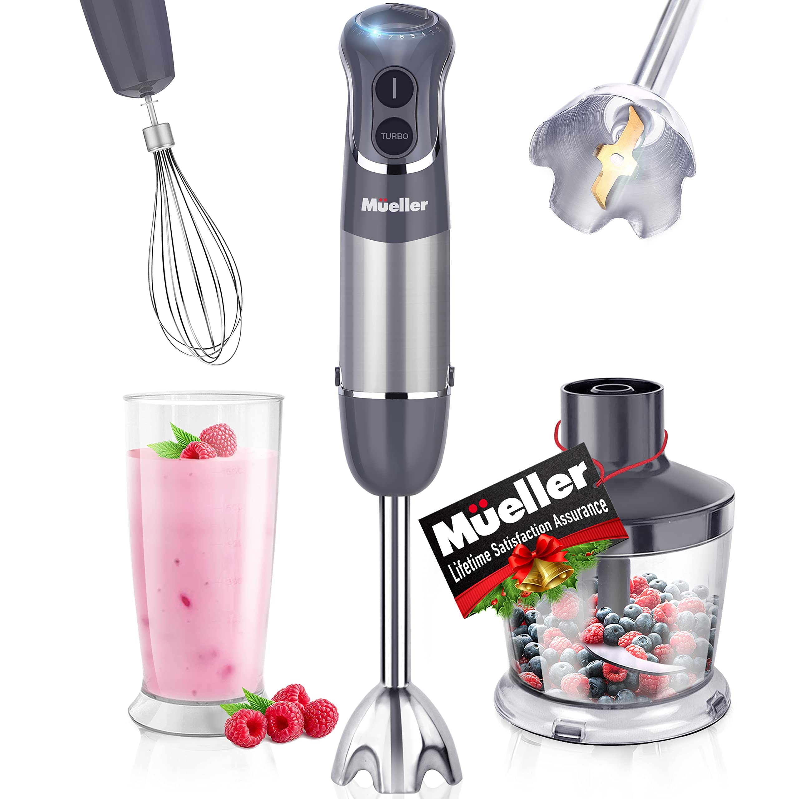 Mueller Multistick 800W 4-In-1 Immersion Blender Handheld, 12 Speed Hand Mixer Turbo Boost, Heaviest Duty Copper Motor, Titanium Blades Hand Blender, Milk Frother Wand, Whisk, Beaker, Chopper, Grey