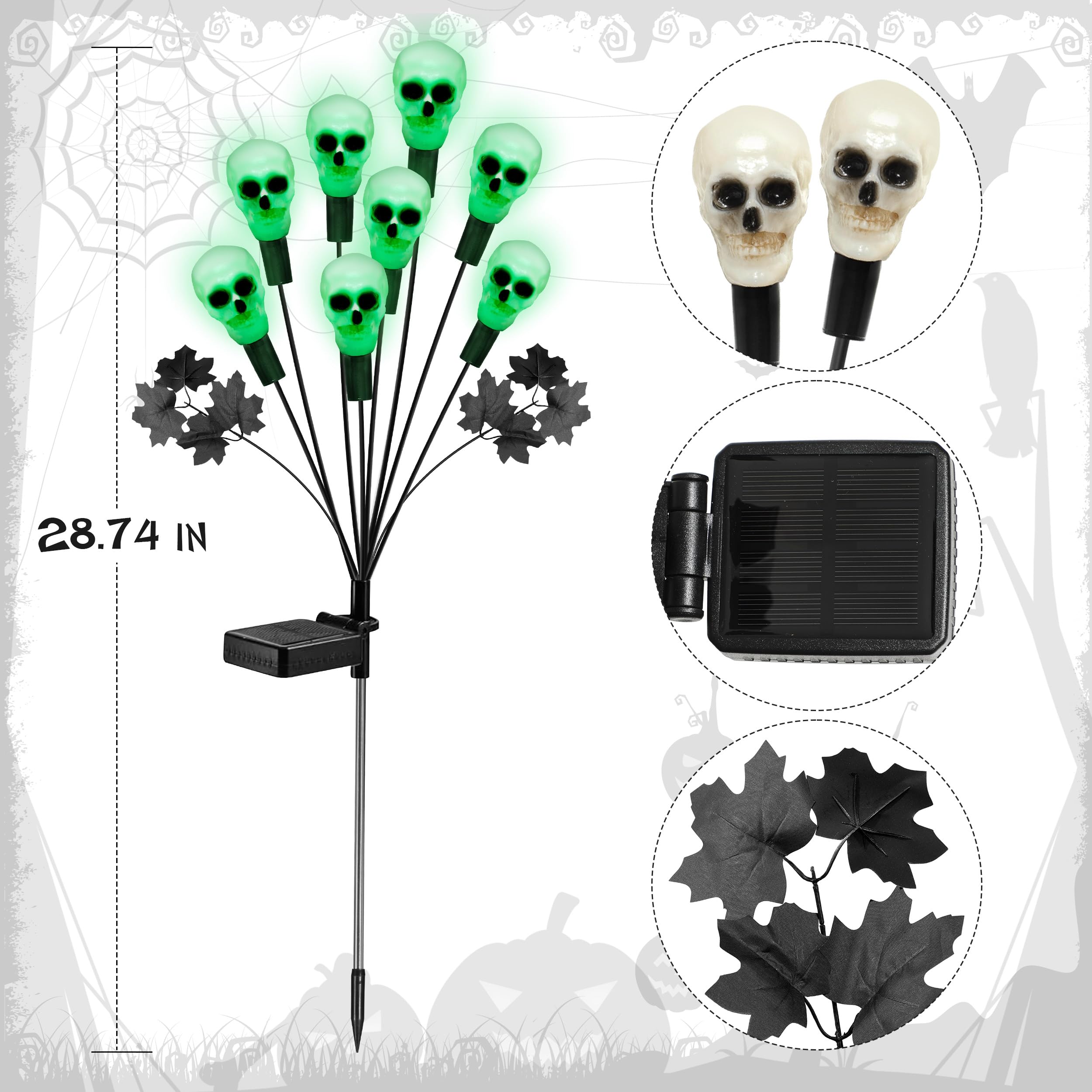 Jimerf 2 Pack 16Led Solar Skull Halloween Lights - Ip65 Waterproof Outdoor Decorations, Scary Swaying Firefly Lights For Garden, Patio, Yard, Lawn Decor