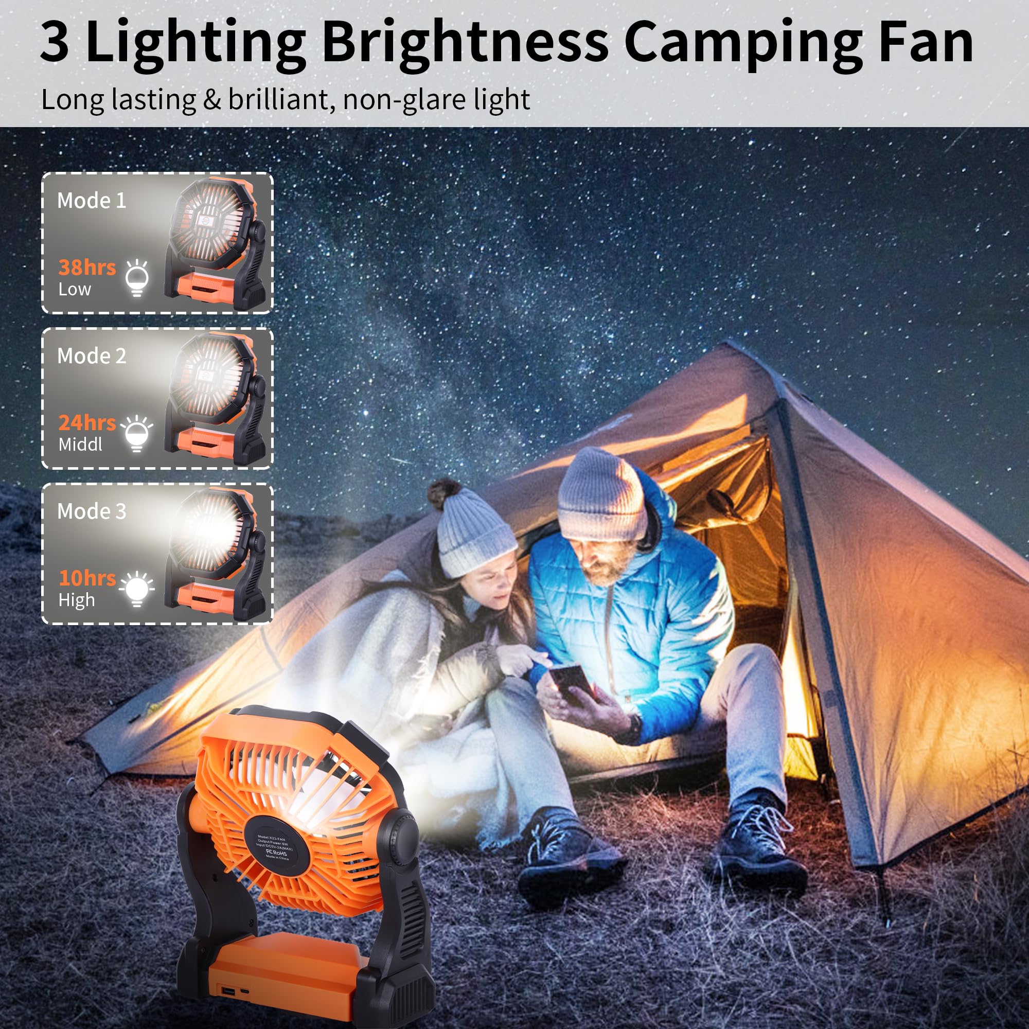 Battery-operated portable fan with rechargeable power, 270° pivot feature for flexible cooling at campsites