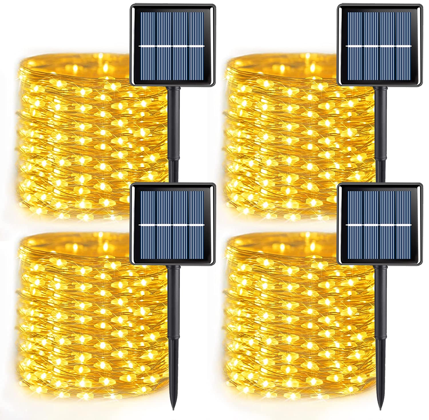 Yeguo Solar Fairy Lights Outdoor Waterproof, 4 Packs Each 33Ft 100 Led String Lights Warm White, 8 Modes Silver Wire Twinkle Lights