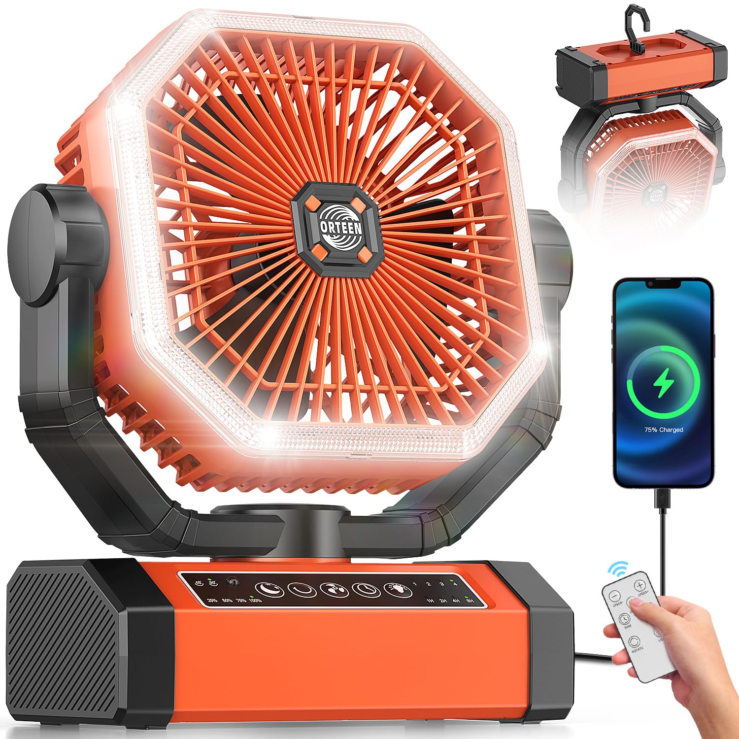 9-inch rechargeable battery-powered fan, 20000mAh, offering up to 60 hours of cooling for camping and outdoor use