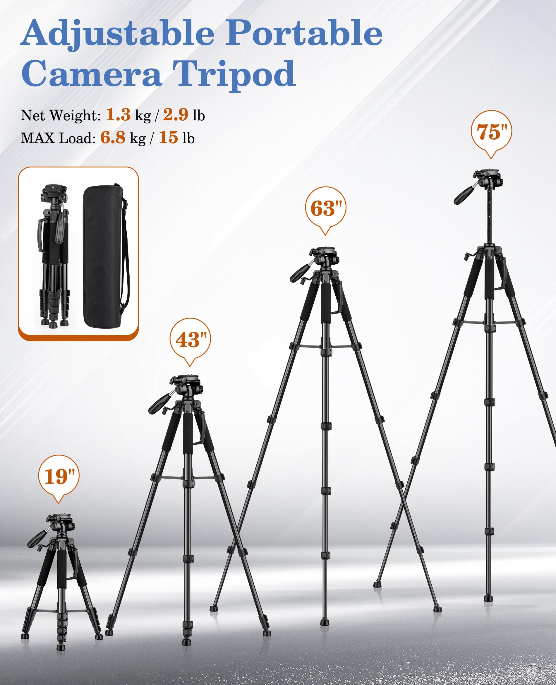 Joilcan 75" Camera Tripod, Tripod For Camera Cell Phone, Aluminum Heavy Duty Tripods Stand, Tall Travel Tripods With Carry Bag Compatible With Iphone Canon Nikon Dslr Camera Laser Projector