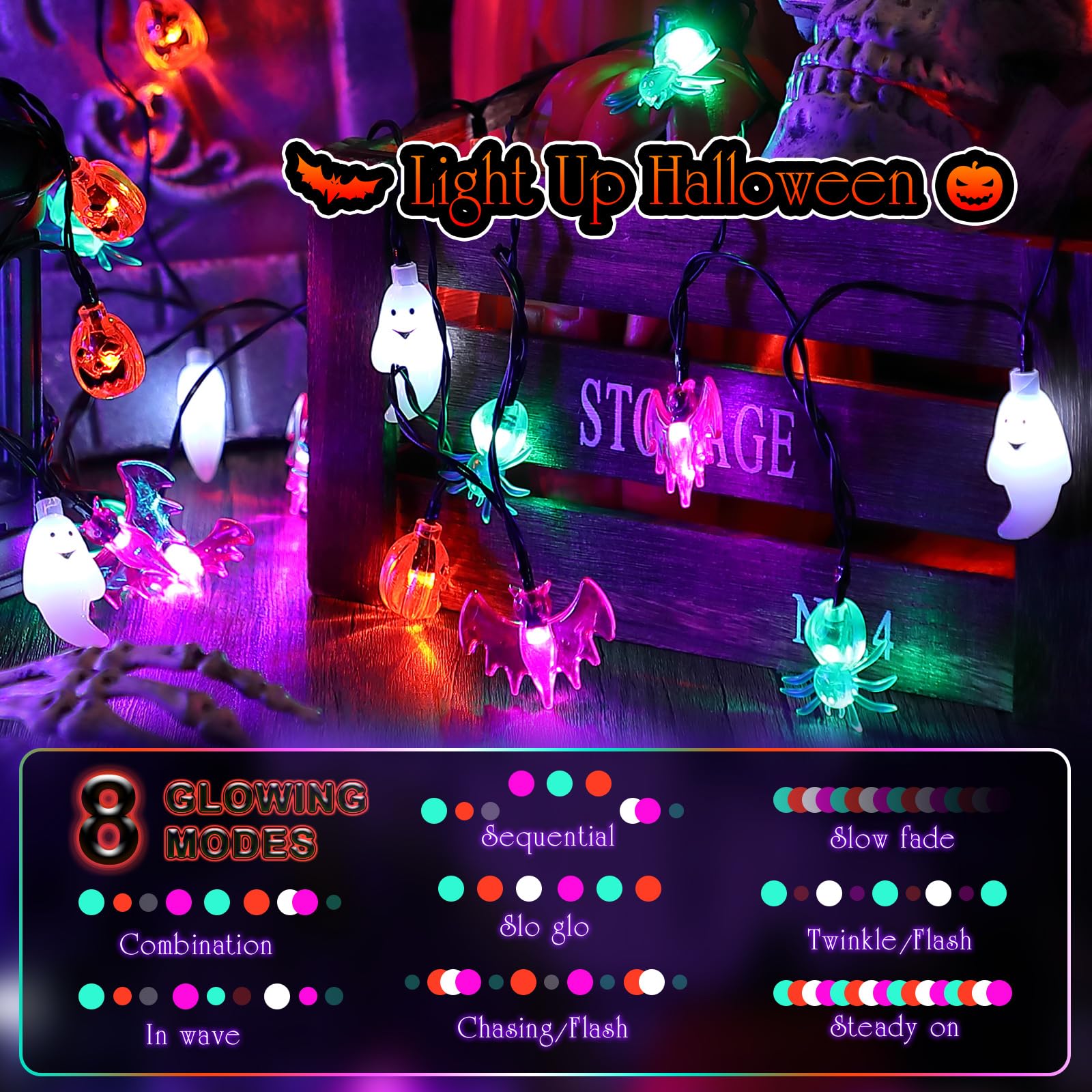 Enhon Halloween Lights, 26 Ft 40Led Solar Halloween Pumpkin Bat Ghost Spider Lights For Decoration, Ip44 Waterproof Lights With 8 Modes For Garden(Orange, Cool White, Green, Dark Purple,1 Pc)