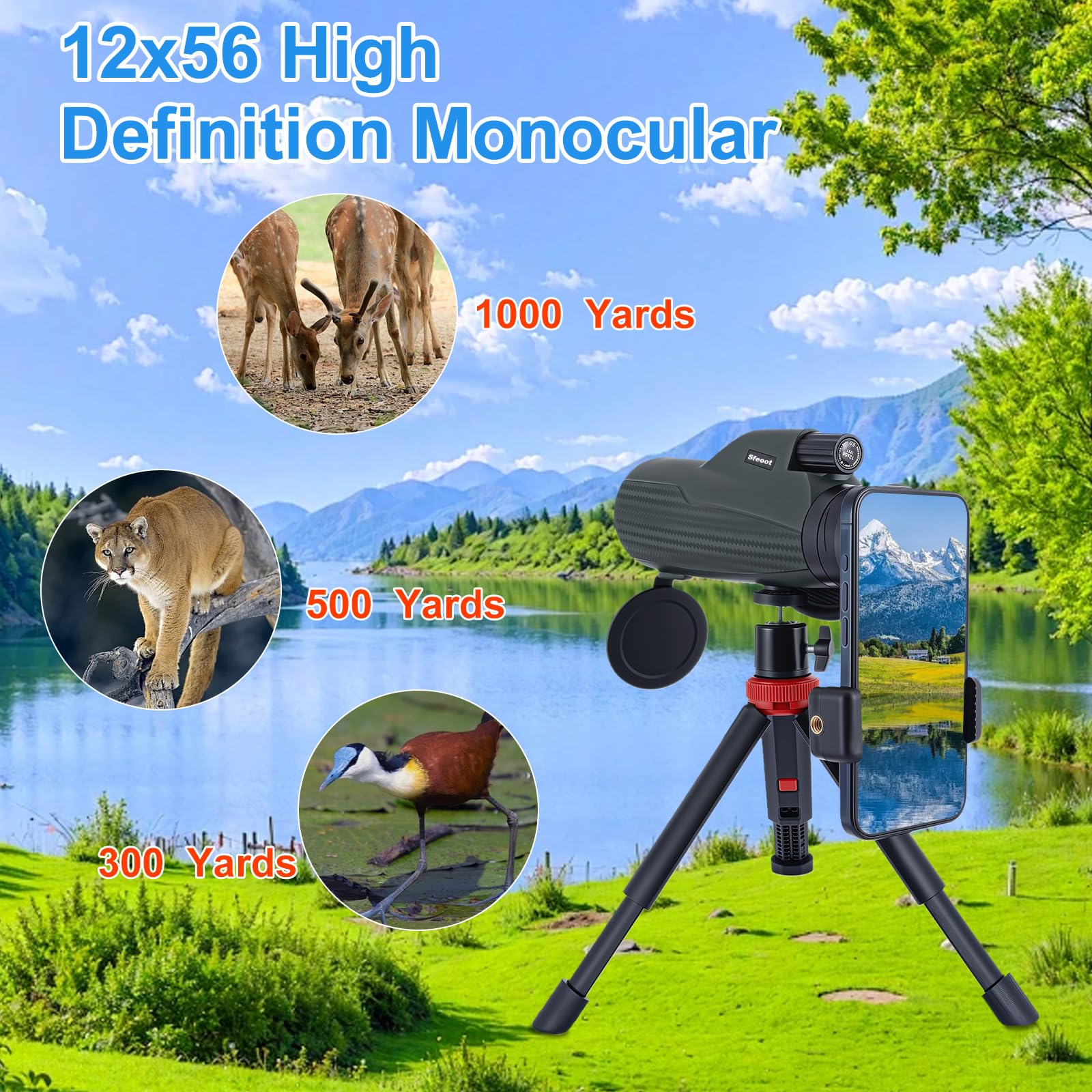 Sfeoot Monocular Telescope 12X56 High Power With Smartphone Adapter Tripod,Larger Vision Monoculars For Adults With Bak4 Prism & Fmc Lens, Suitable For Bird Watching Hunting Hiking Camping Wildlife-Green