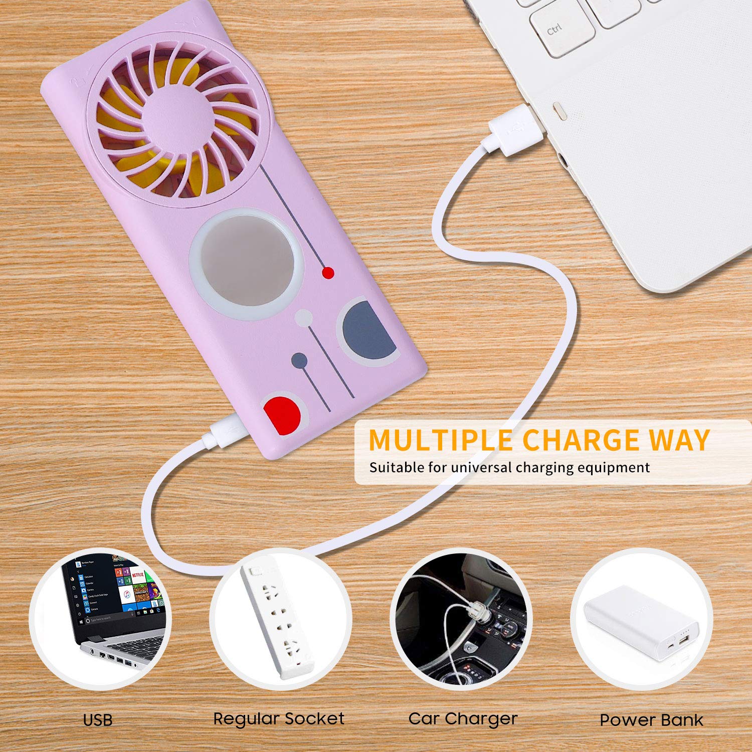 Handheld Mini Fan, 3 In 1 Makeup Mirror Fan, Usb Rechargeable Fan With Led Light Fragrance