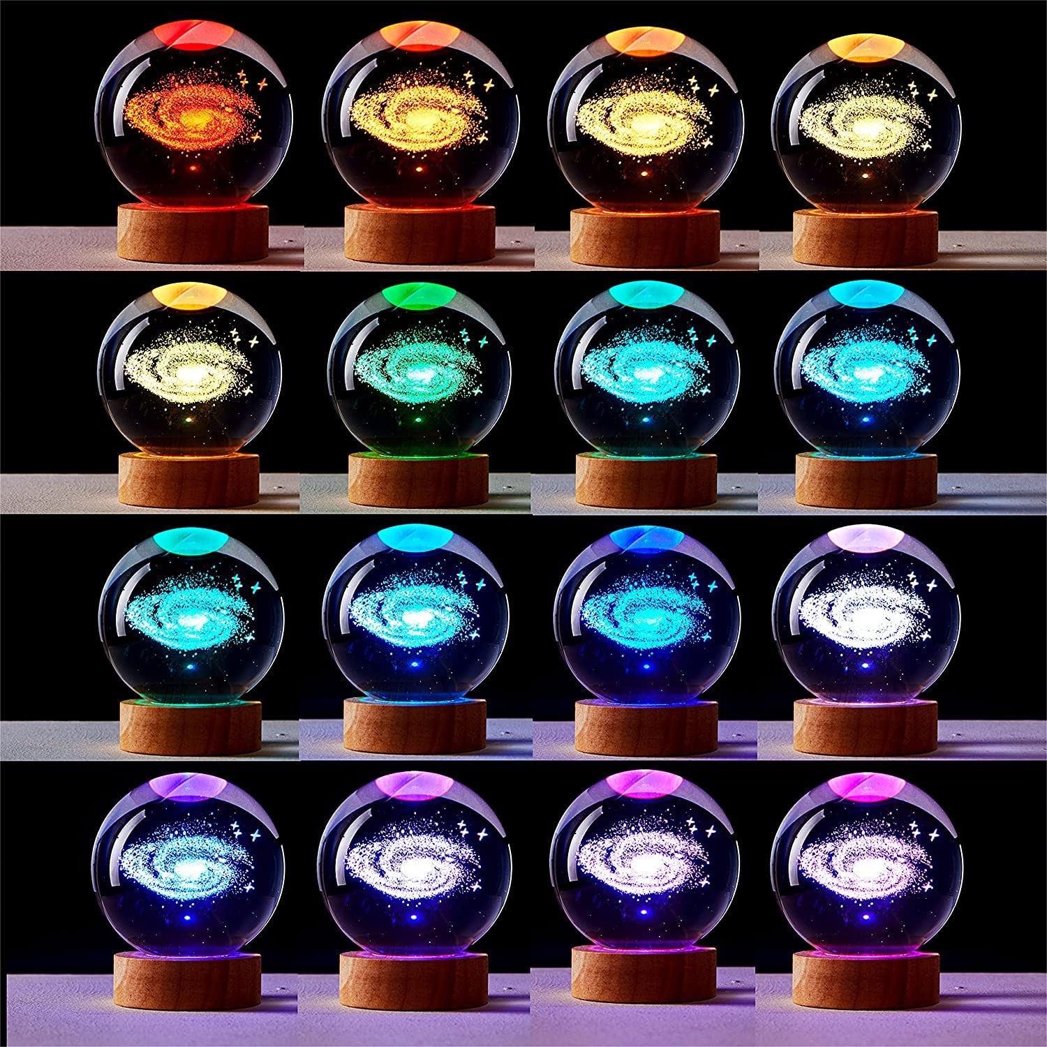 Digfpwt 3.15 Inch Galaxy Crystal Ball Lamp, 3D K9 Crystal Night Light With Wooden Base, 16 Colors Change With Remote Control, Clear Glass Light, Birthday  For Friends