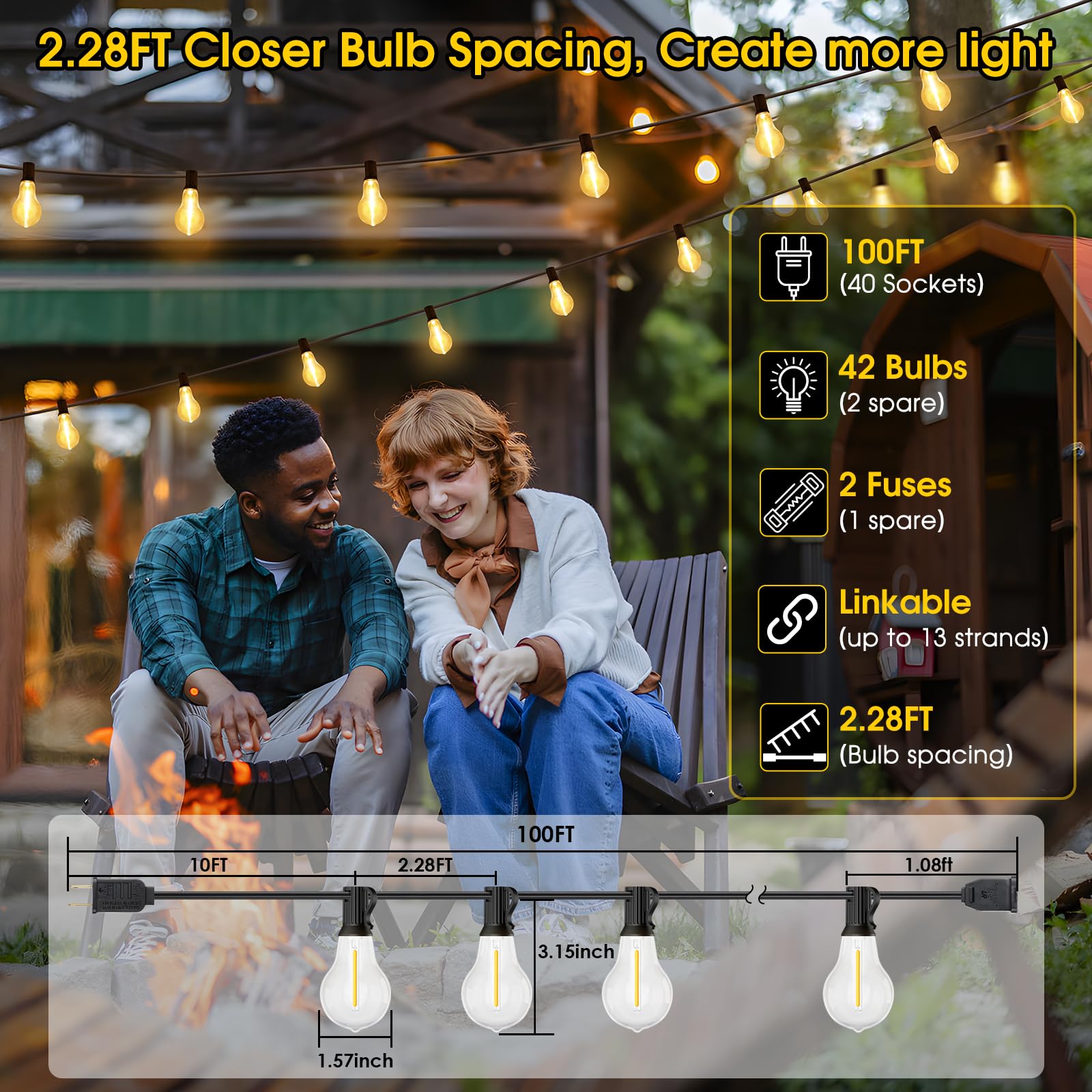 Larkvue 100Ft Led Outdoor String Lights, Waterproof Patio Lights With 42 Shatterproof Dimmable 2700K A39 Bulbs Hanging Lighting For Outside Backyard