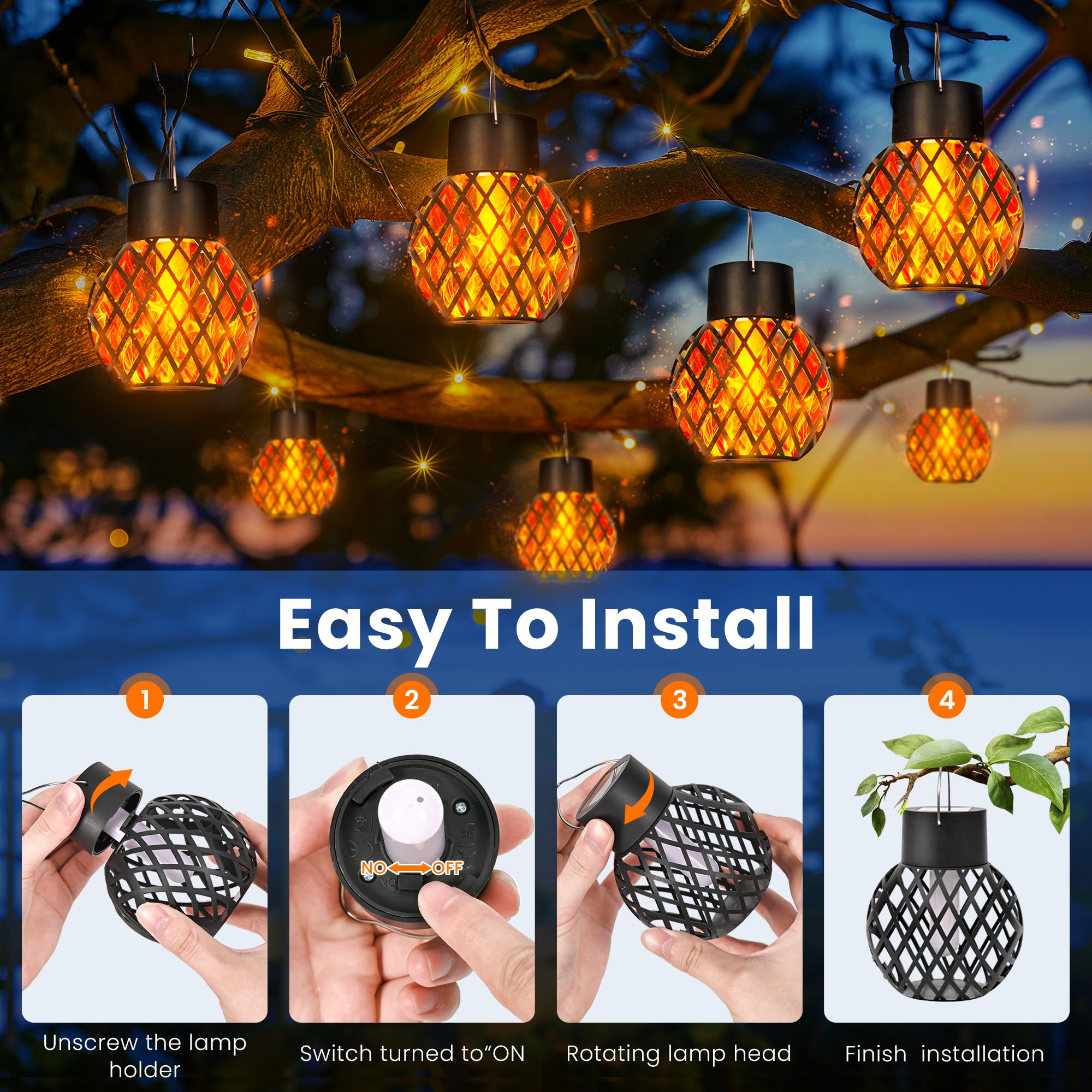 Gigalumi Solar Hanging Lights - 8 Pack With Flickering Flame, Outdoor Solar Lights For Yard, Patio, Tree, Camping, Christmas Decoration, Larger Lanterns