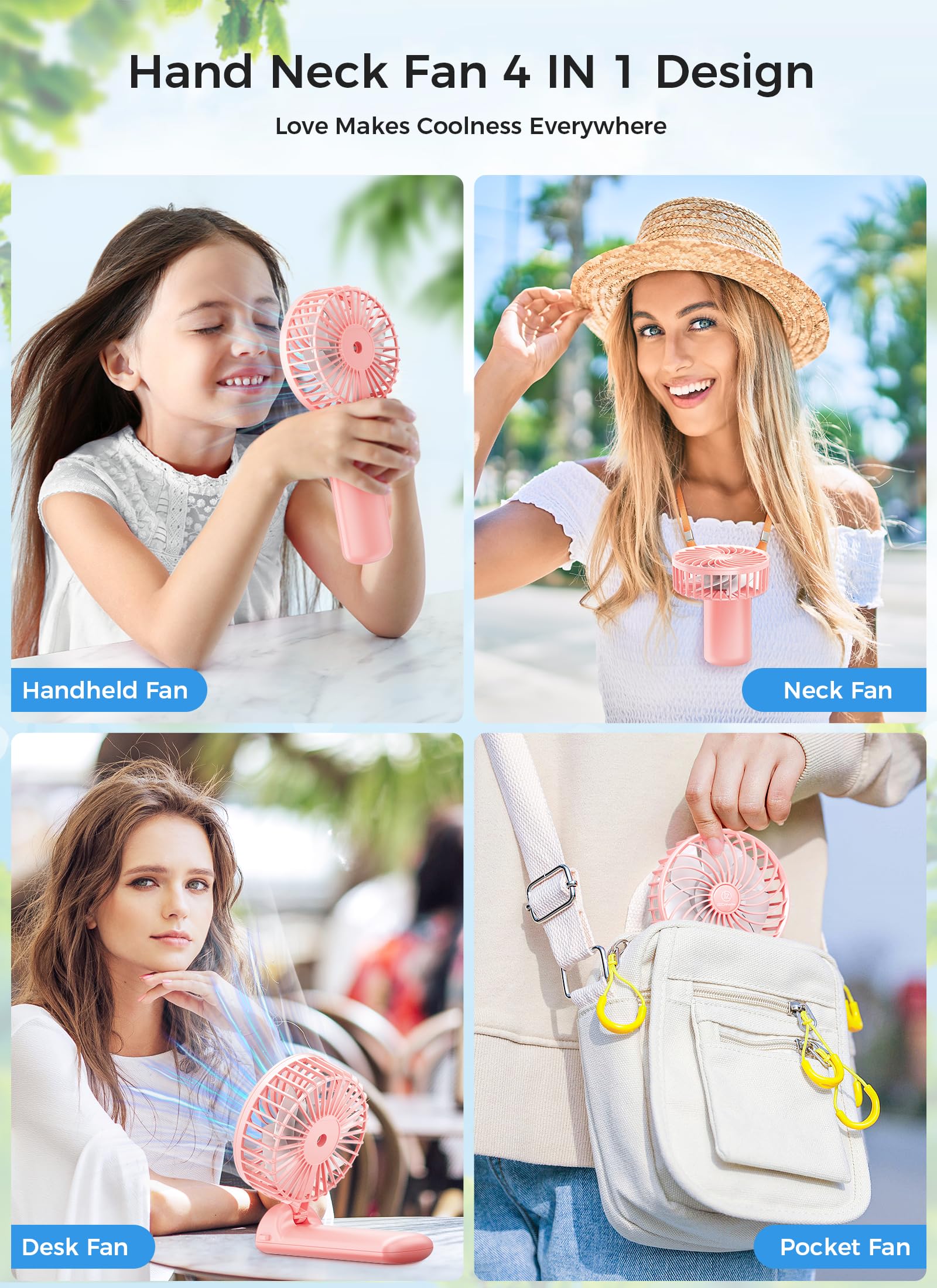 Jzcreater Mini Handheld Fan,Portable Hand Held Fan, 15H Cooling Fan, Quiet 4 Speed, Usb Rechargeable