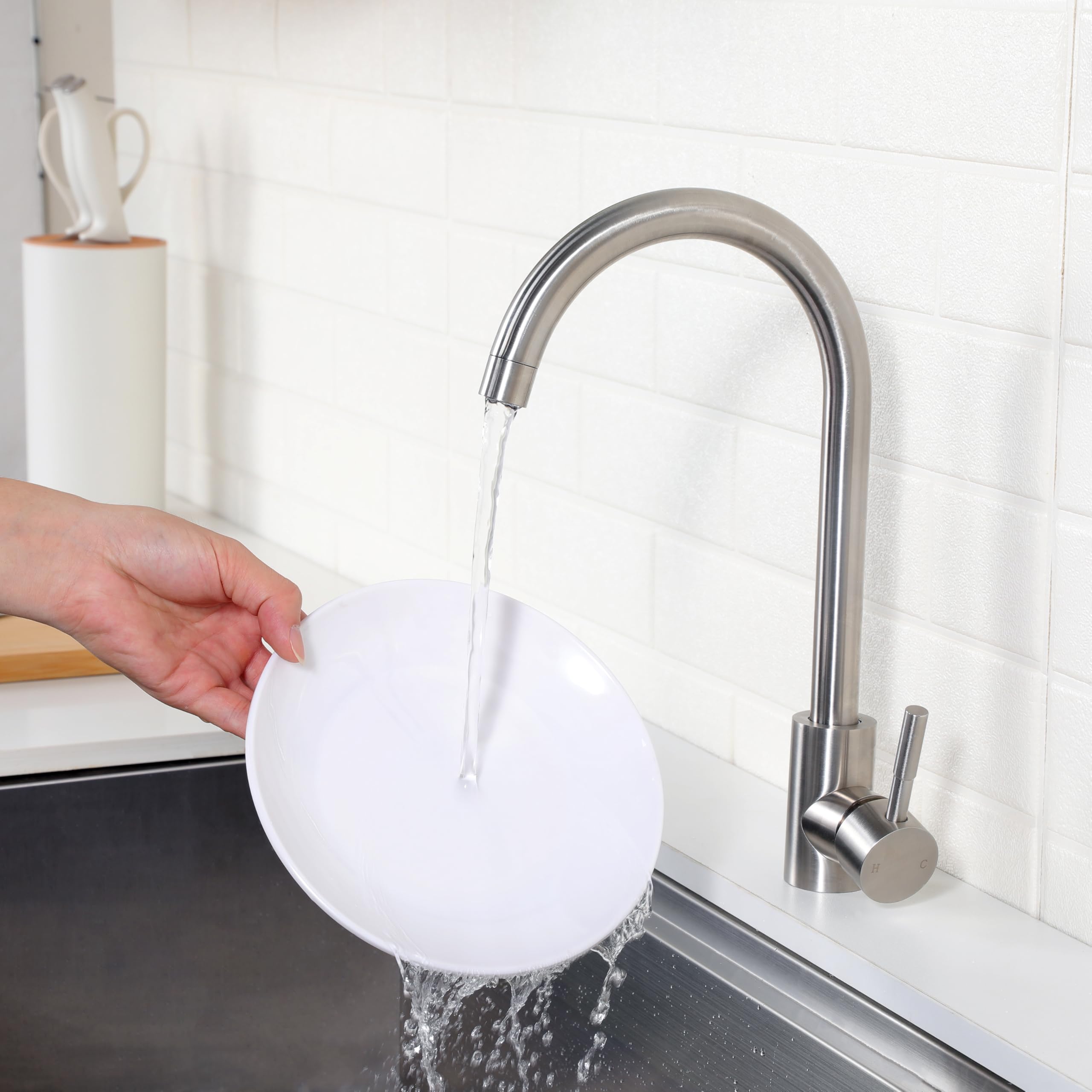 Comllen Kitchen Sink Faucet, Tall Bar Faucets Single Hole, High Arc Stainless Steel, 360° Swivel Spout, Single Handle, Brushed Nickel Kitchen Faucets For Rv Prep Kitchen, Hot &Cold Water Hose