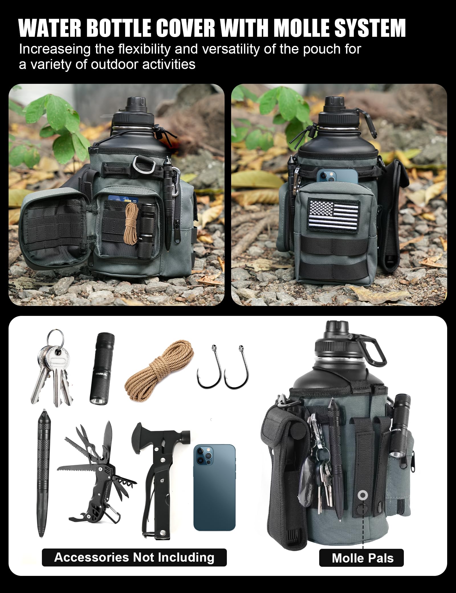 Tactical Half Gallon Water Bottle With Straw, 64 Oz Insulated Water Jug With Molle Sleeve