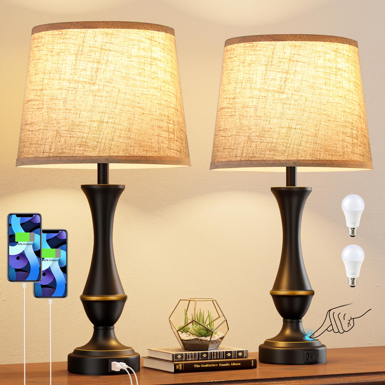 Seealle Touch Lamps For Night Stands Set Of 2 - Bedside Lamps With Usb C+A, 3 Way Dimmable For Bedroom Living Room End Tables Office