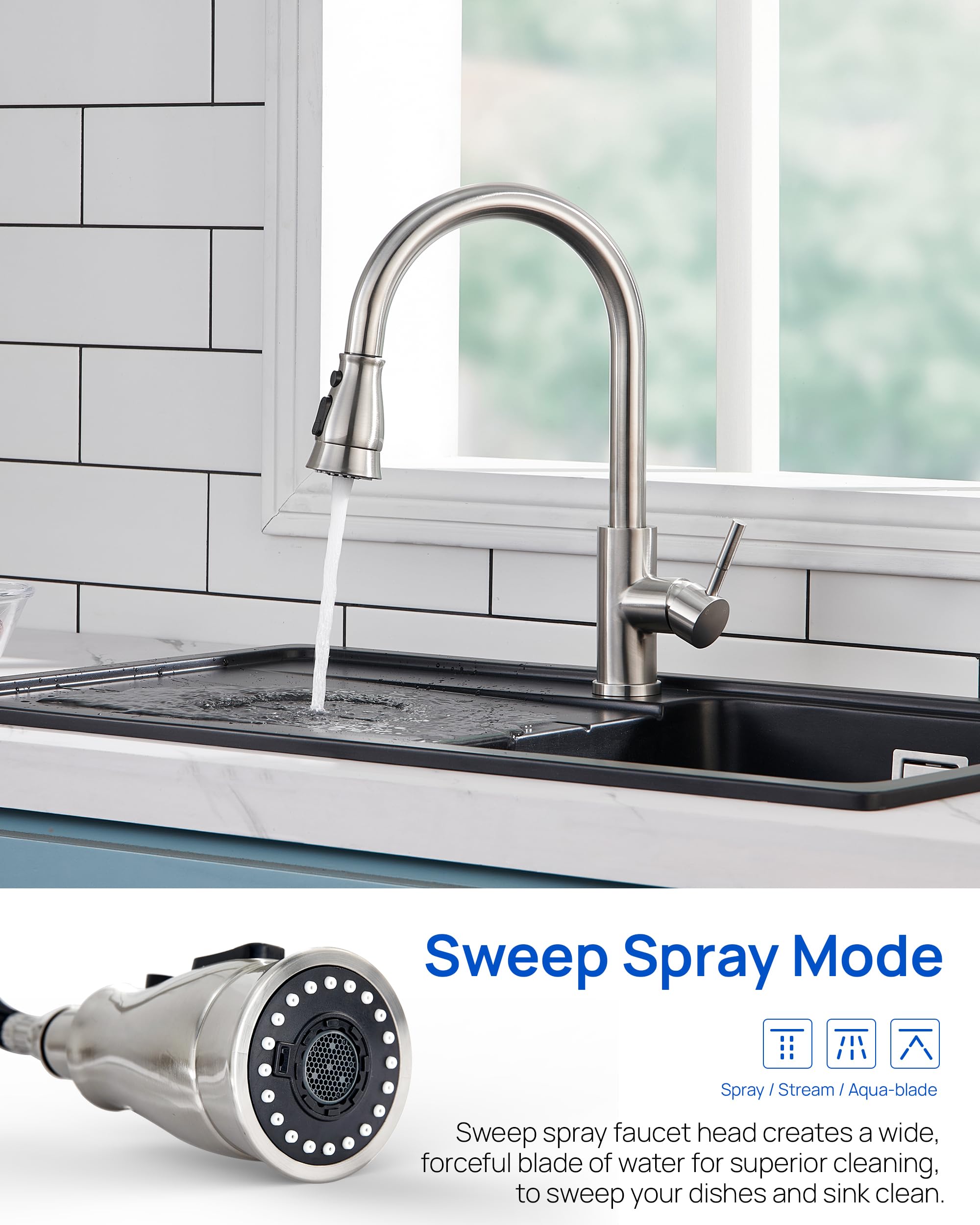 J-Hva Kitchen Faucet Sprayer Head Replacement With 15 Adapters (Updated) - Pull Down Kitchen Sink Faucet Spray Nozzle Head Replacement 3-Function Tap Spray Head For Kitchen Sink, Brushed Nickel