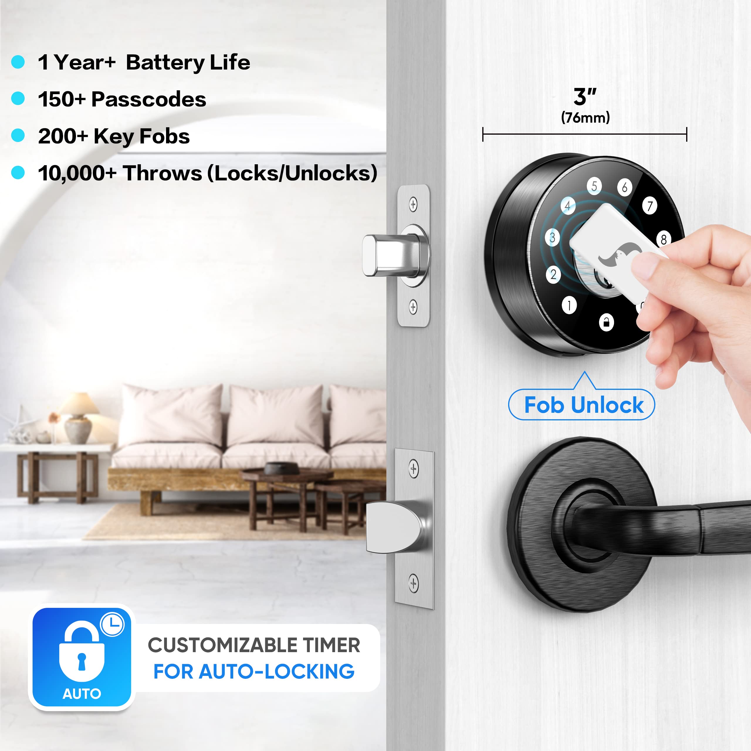 Sifely Keyless Deadbolt Smart Door Lock: Digital Keyless Entry Door Lock For Front Door, Code & Fob Access, App Control, Auto Lock, Easy To Install (Black)