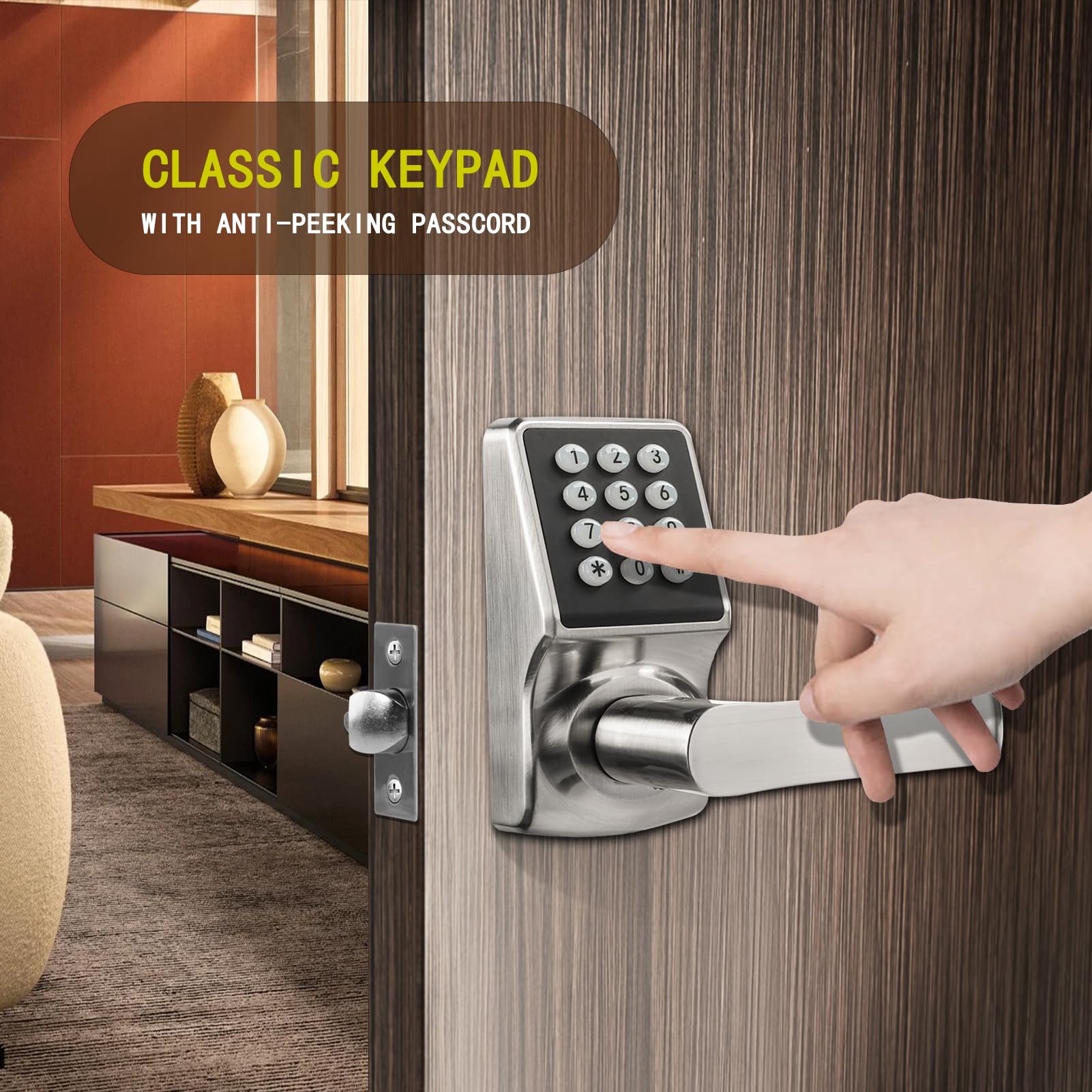 Zevaway Keyless Entry Door Lock With Handle, Keypad Lock, Ic Card & Key, Easy Installation, Satin Nickel