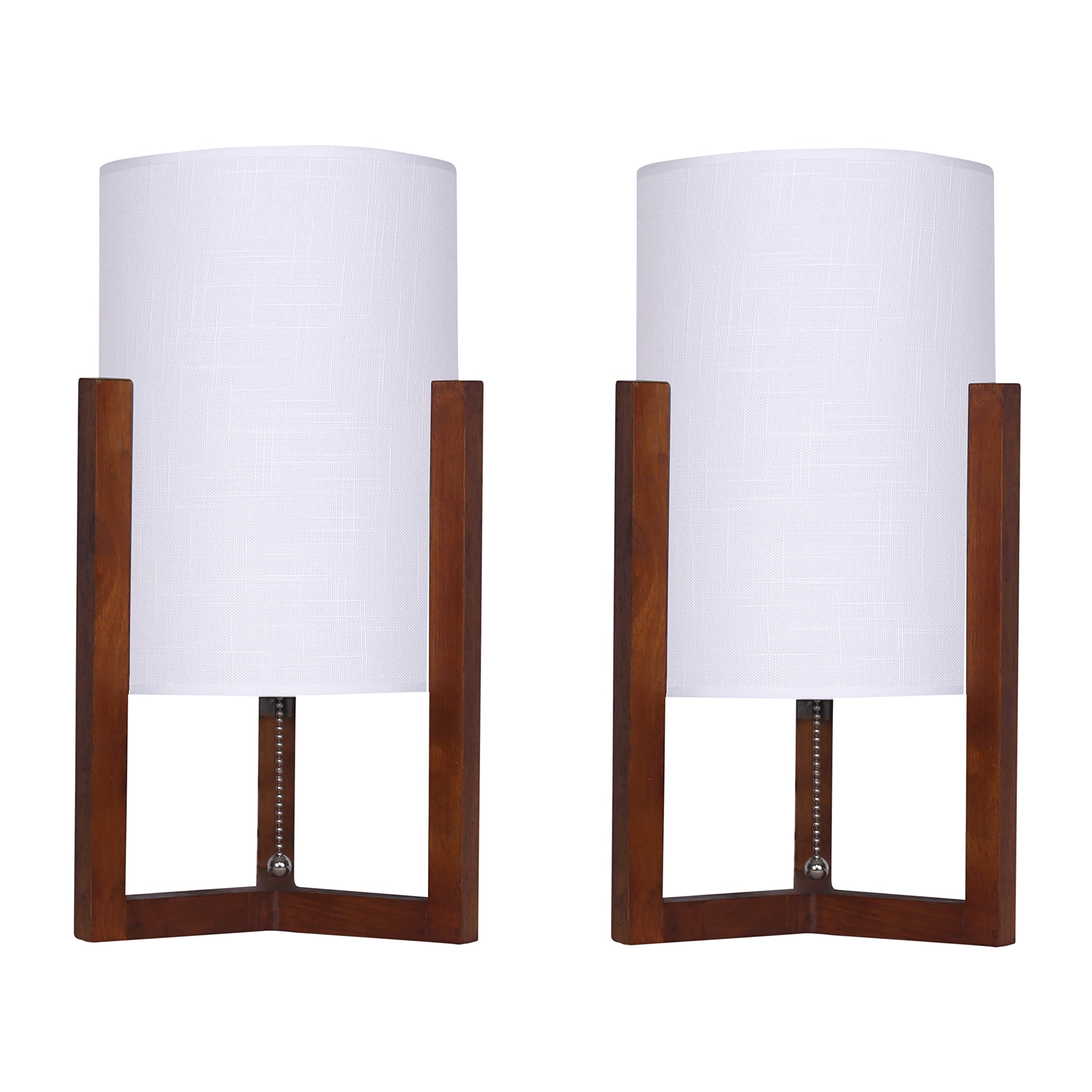 Sagebrook Home Wood, Set Of 2, 16" H, Cylnder Tripod Table Lamps, Cherry/Wht, Novelty, Wood, Contemporary, 7" L X 7" W X 16" H, Two Tone