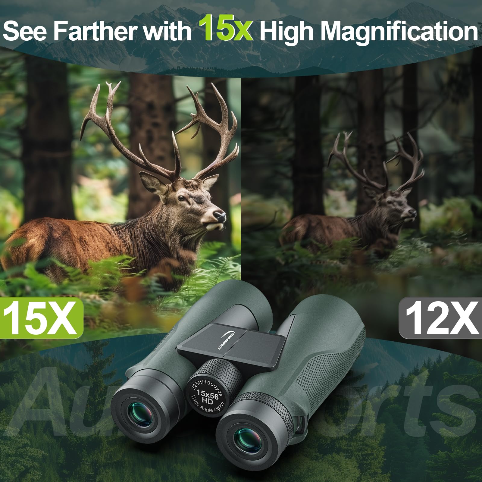 Aurosports 15X56 Binoculars For Adults High Powered - Hd Large View Binoculars With Clear Low Light Vision - Lightweight Easy Focus Bird Watching Hunting Hiking Cruise Travel - Green
