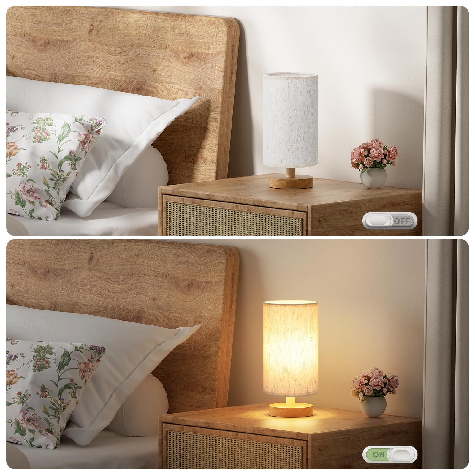 Fenmzee Small Table Lamp For Bedroom - Inline Control, Bedside Lamp With 3000K A15 Led Blub, Easy Assembly (Cream Shade - Wood Base, 9" Inline Control)