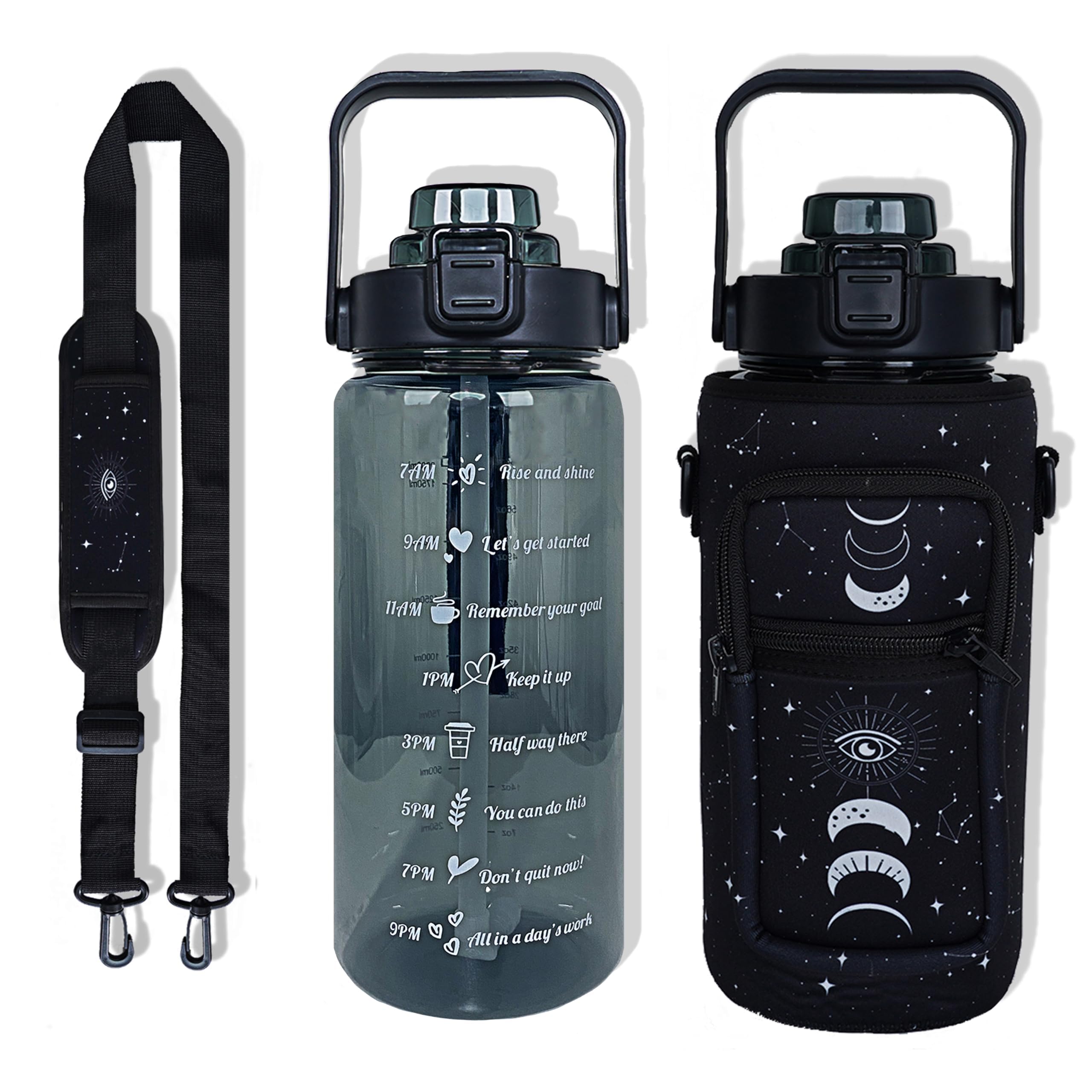 64 Oz Water Bottle With Straw Sleeve & Strap Motivational Half Gallon Water Jug With Handle