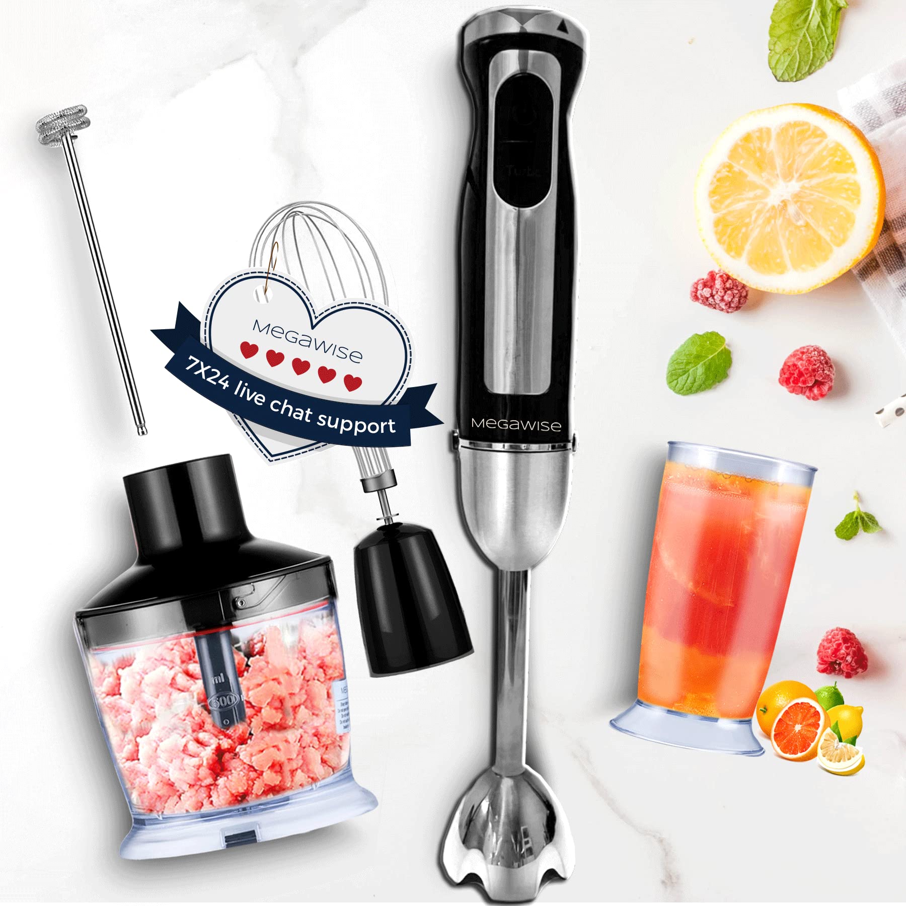 Megawise 3-In-1 Immersion Hand Blender, Powerful Motor 12-Speed Stick Blender With Sturdy Titanium Plated Stainless Steel Blades