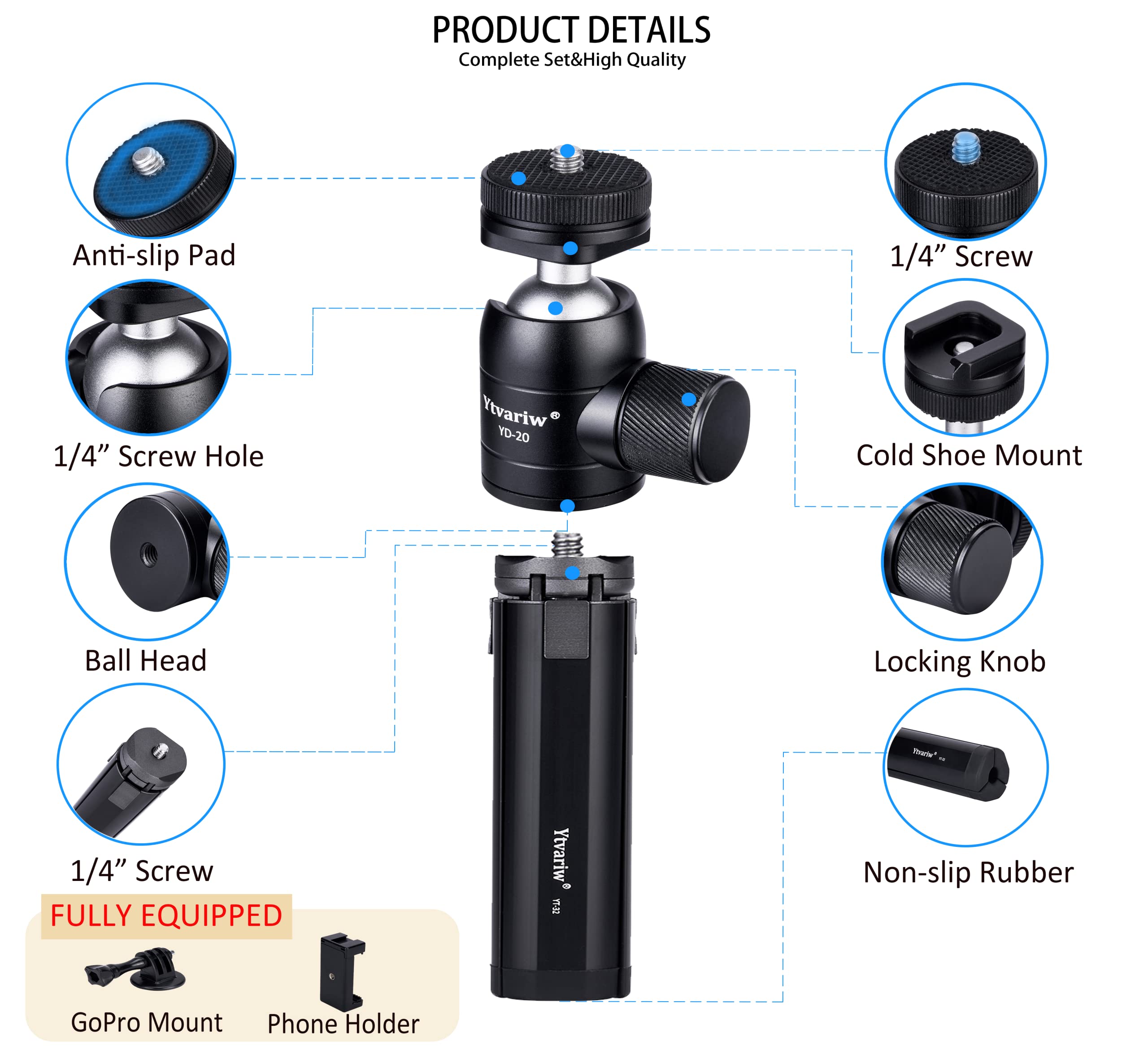 Ytvariw Mini Camera Tripod With Phone Holder,Aluminum Alloy Desktop Tripod Stand Lightweight Portabletripod 360° Ball Head Cold Shoe For Dslr, Webcam,Cell Phone