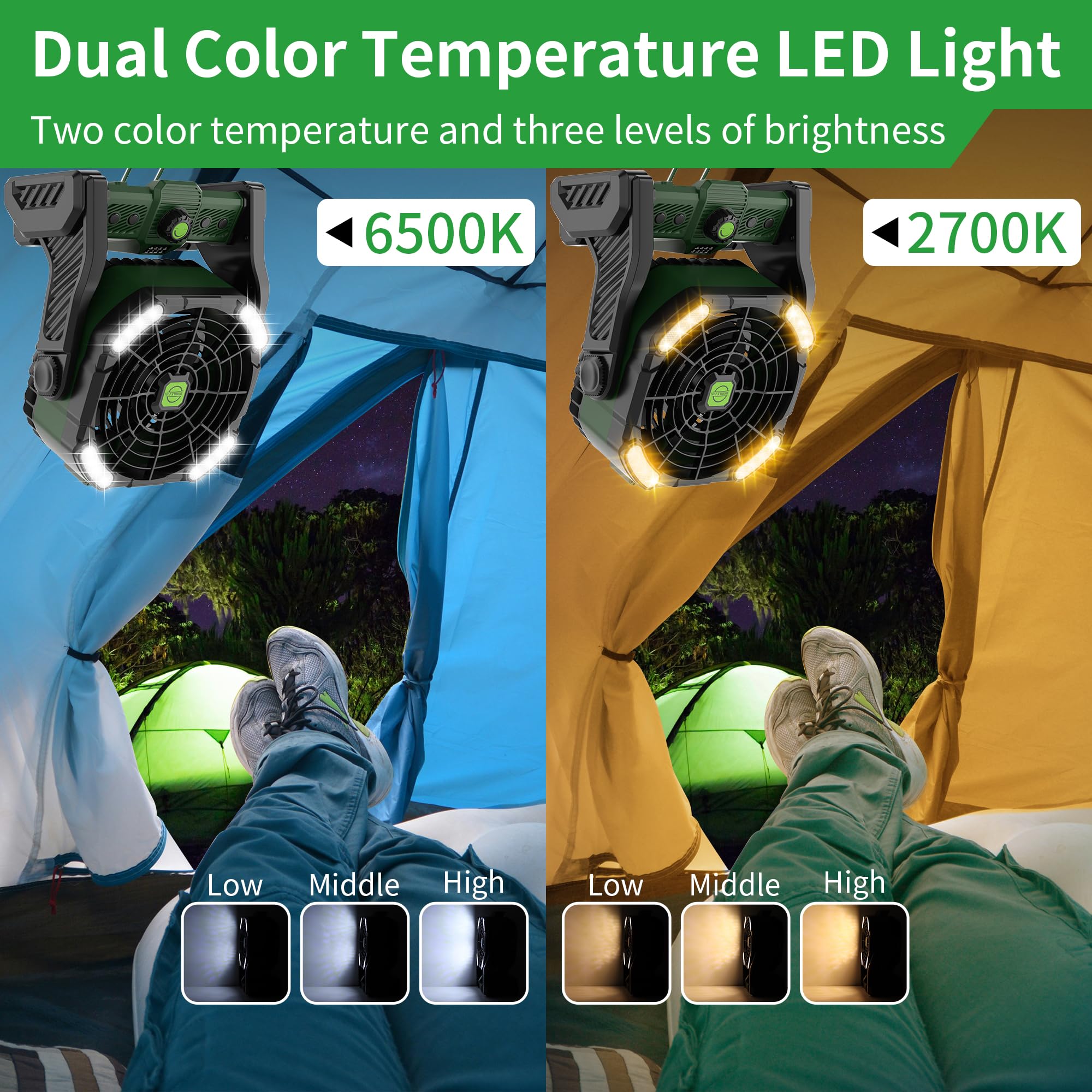 Rechargeable battery operated camping fan with long-lasting 20000mAh battery for outdoor trips
