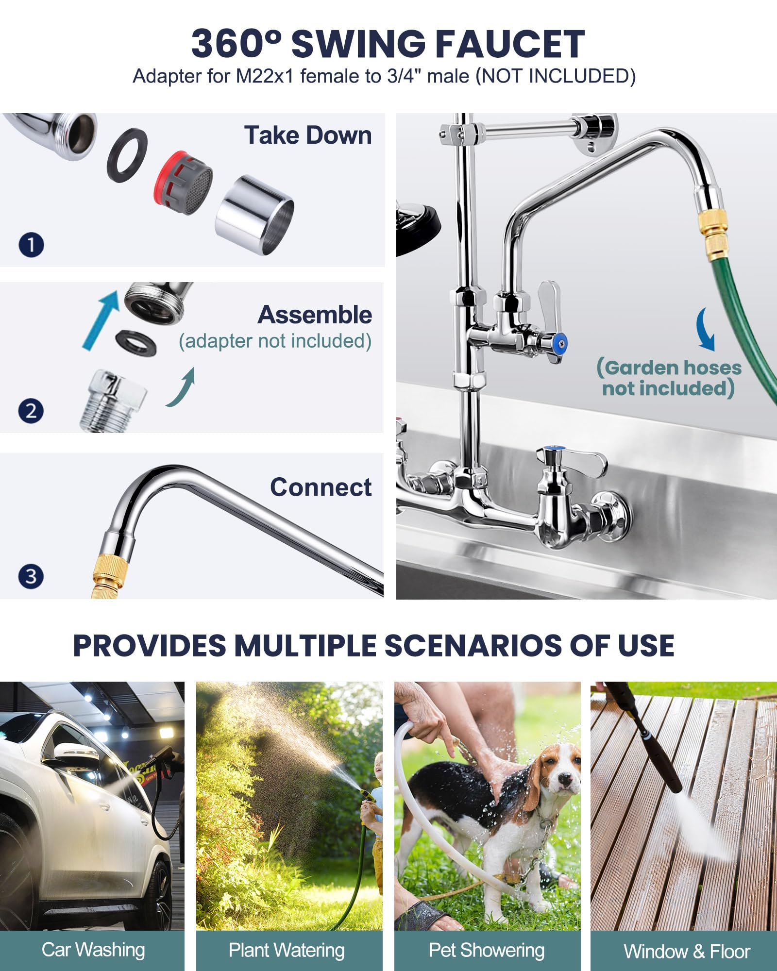 Aleasha 25" Height Commercial Faucet Wall Mount With Sprayer 8" Adjustable Center 9.6" Swing Spout, Kitchen Sink Faucet With Pull Down Pre-Rinse Sprayer For Restaurant Industrial Kitchen, Chrome