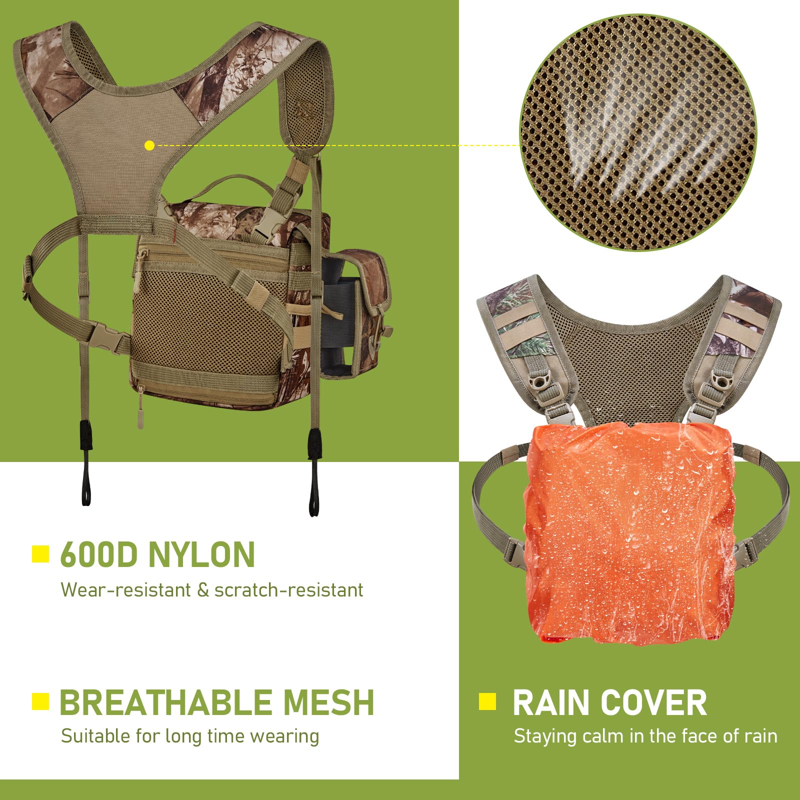 Wild Cedar Binocular Harness Chest Pack With Rangefinder Pouch, Bino Harness With Rain Cover For Hunting