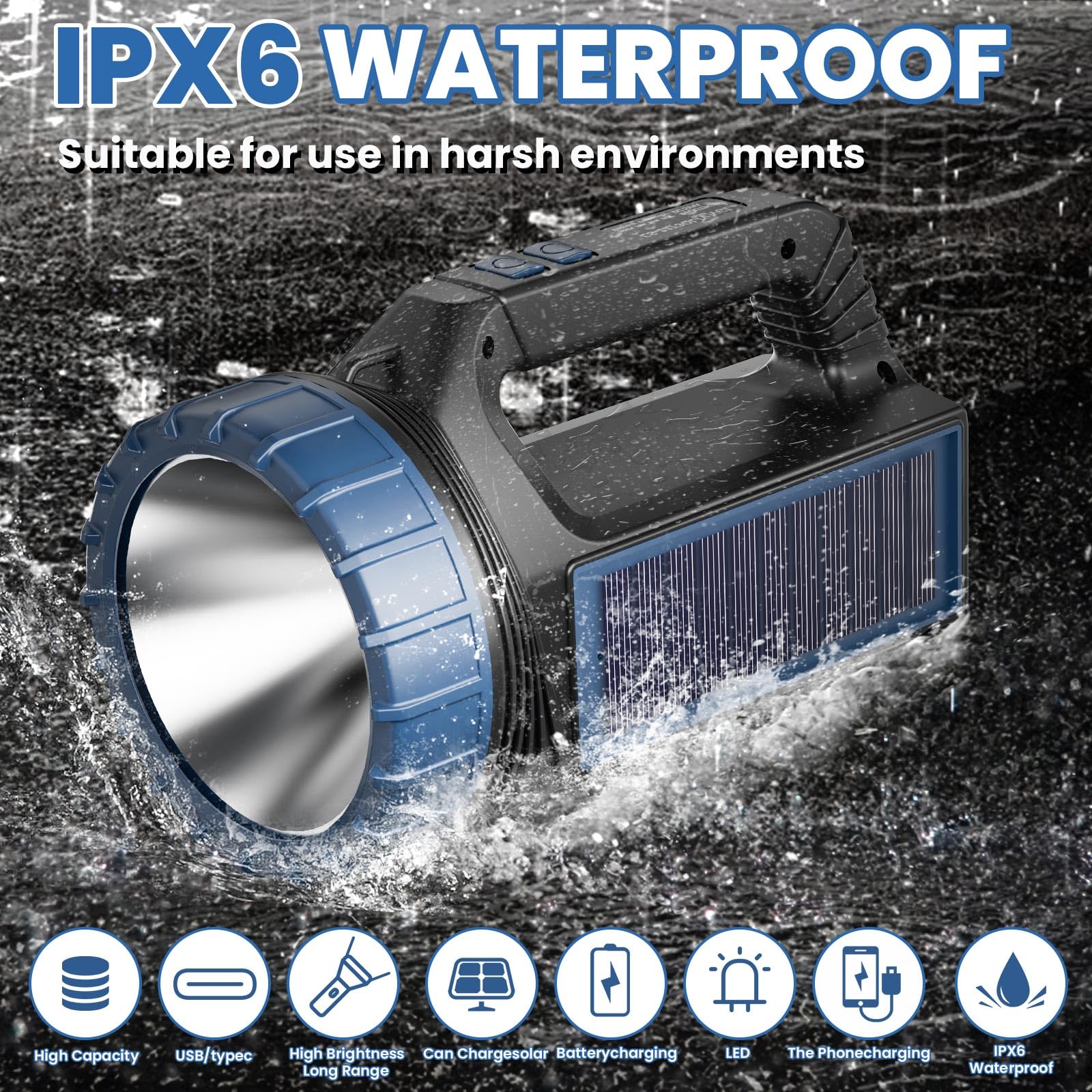 E-Shidai Solar Flashlights, Solar Flashlight For Multi Function 8000 Lumens Led Flashlight With Emergency Strobe Light Emergencies, Led High Lumens, Usb C And Large Capacity Battery Fast Charging