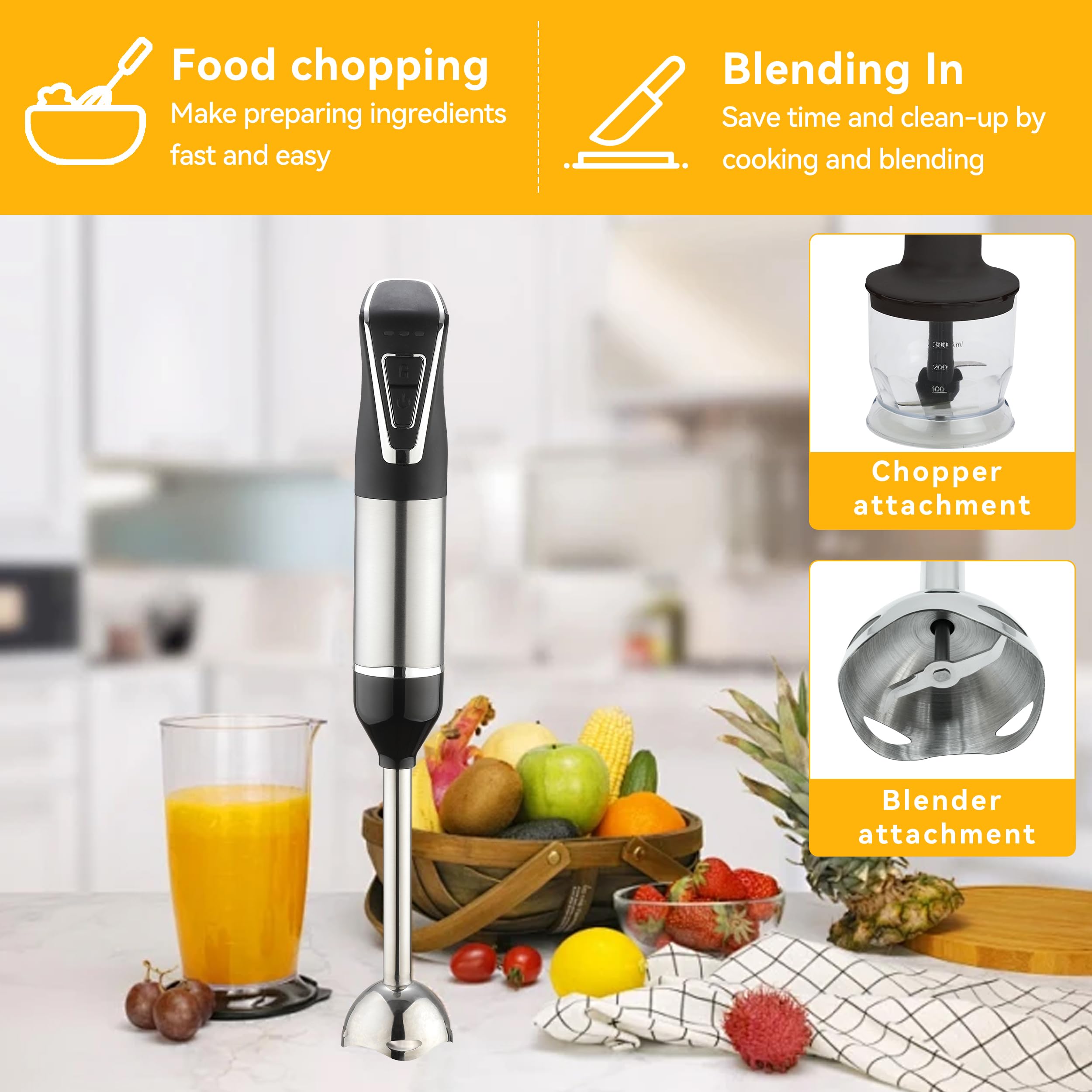 Weavelife Cordless Portable Immersion Blender 5-In-1 Blender Set, Ice Crushing Power With One-Touch Speed Control, Comes With Potato Masher, Whisk, Chopper, Beaker, And Storage Case, Stainless Steel