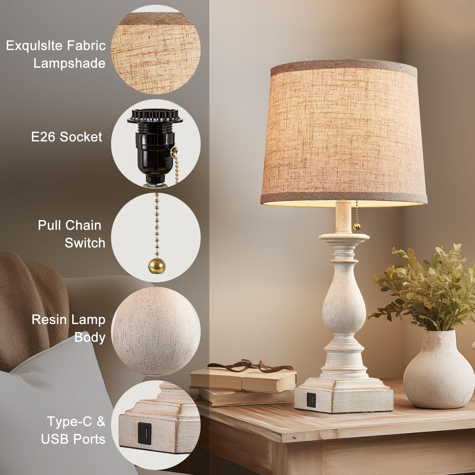 Huitico 21.5'' Bedside Table Lamps For Bedroom Set Of 2 Nightstand Lamps With Usb A + C Charging Ports Modern Farmhouse Small Table Lamps For Living Room End Tables, White, Bulbs Not Included