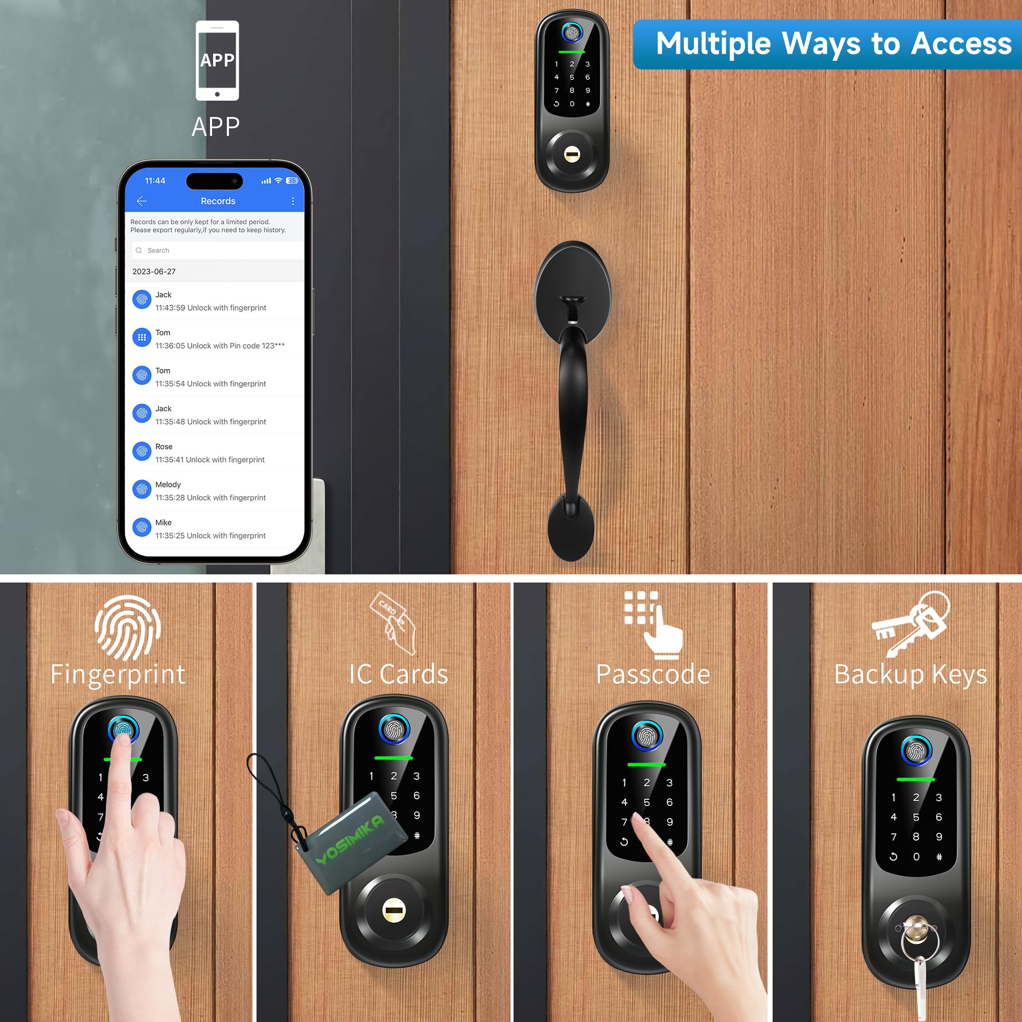 Yosimika Keyless Entry Door Lock With Handle, Fingerprint Deadbolt Door Lock, Smart Door Locks For Front Door, Bluetooth Electronic Digital Keypad Lock, Easy To Install, Black
