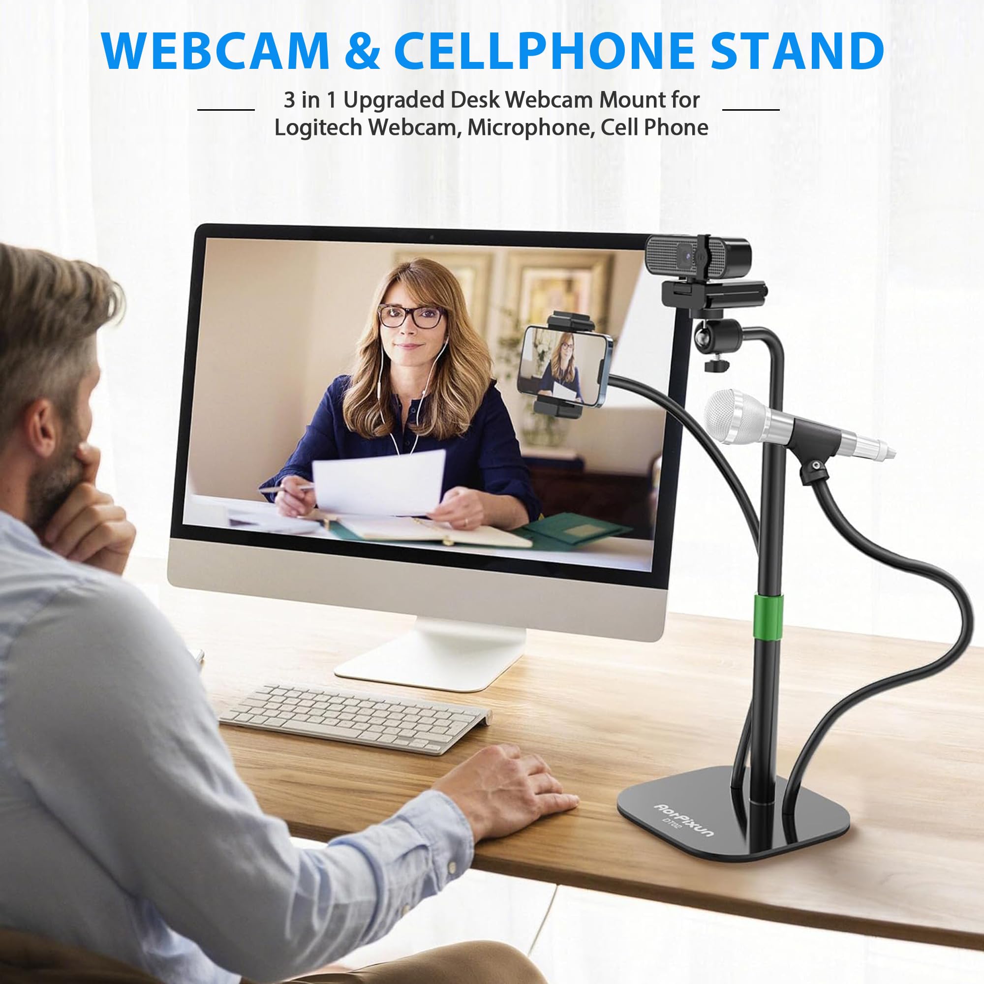 Aorpixun Webcam Stand For Desk 3 In 1 Flexible Webcam Mount Computer Camera Stand Desktop Microphone Stand With Phone Clip For Logitech Webcam Series, Ring Light, Phone, Mic And 1/4" Screw Device