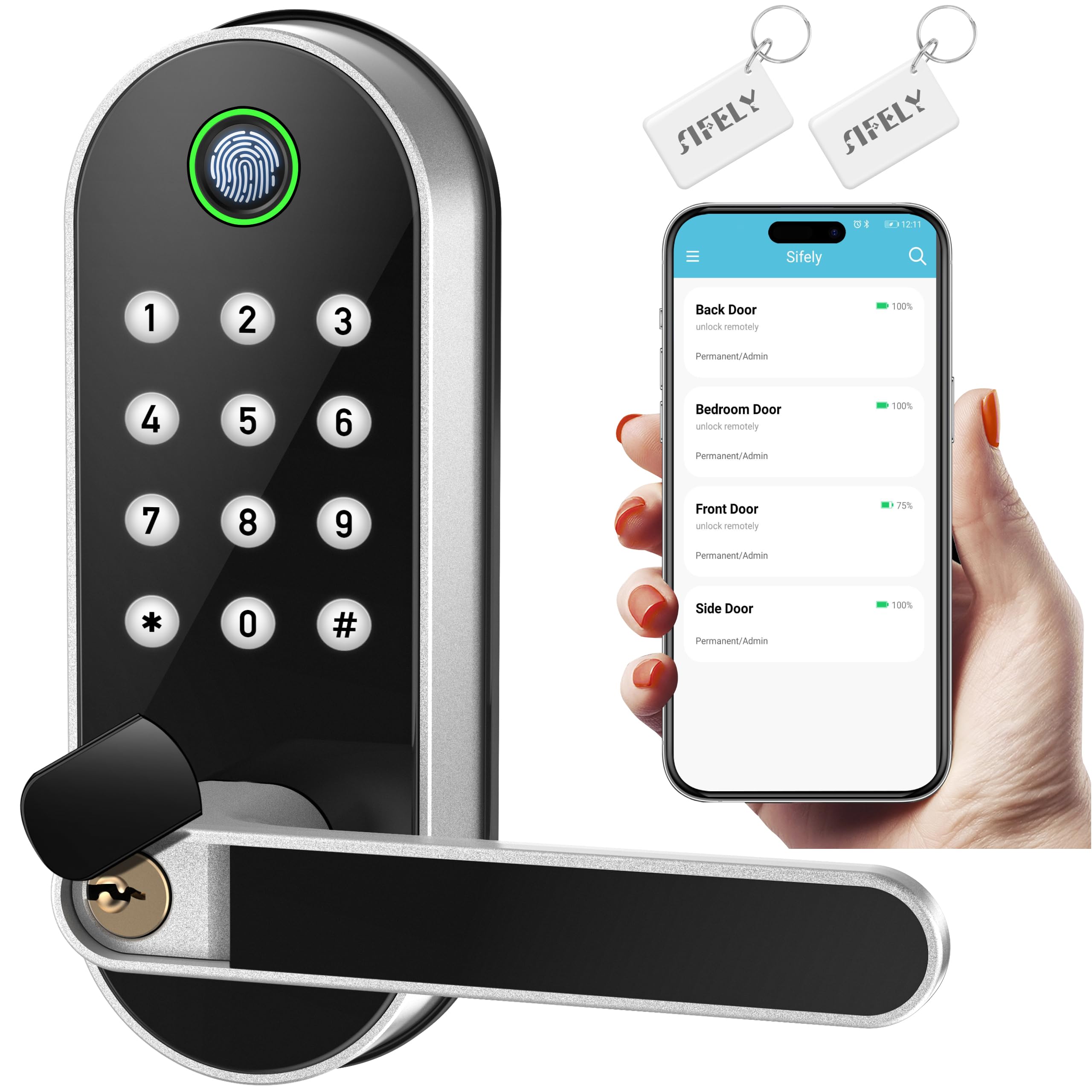 Sifely Keyless-Entry Fingerprint Smart Door Lock: Digital Electronic Lock With Code Passcode, Electric Door Knob, Biometric Door Handle, Perfect For Exterior/Interior/Entry/Bedroom Doors (Silver)