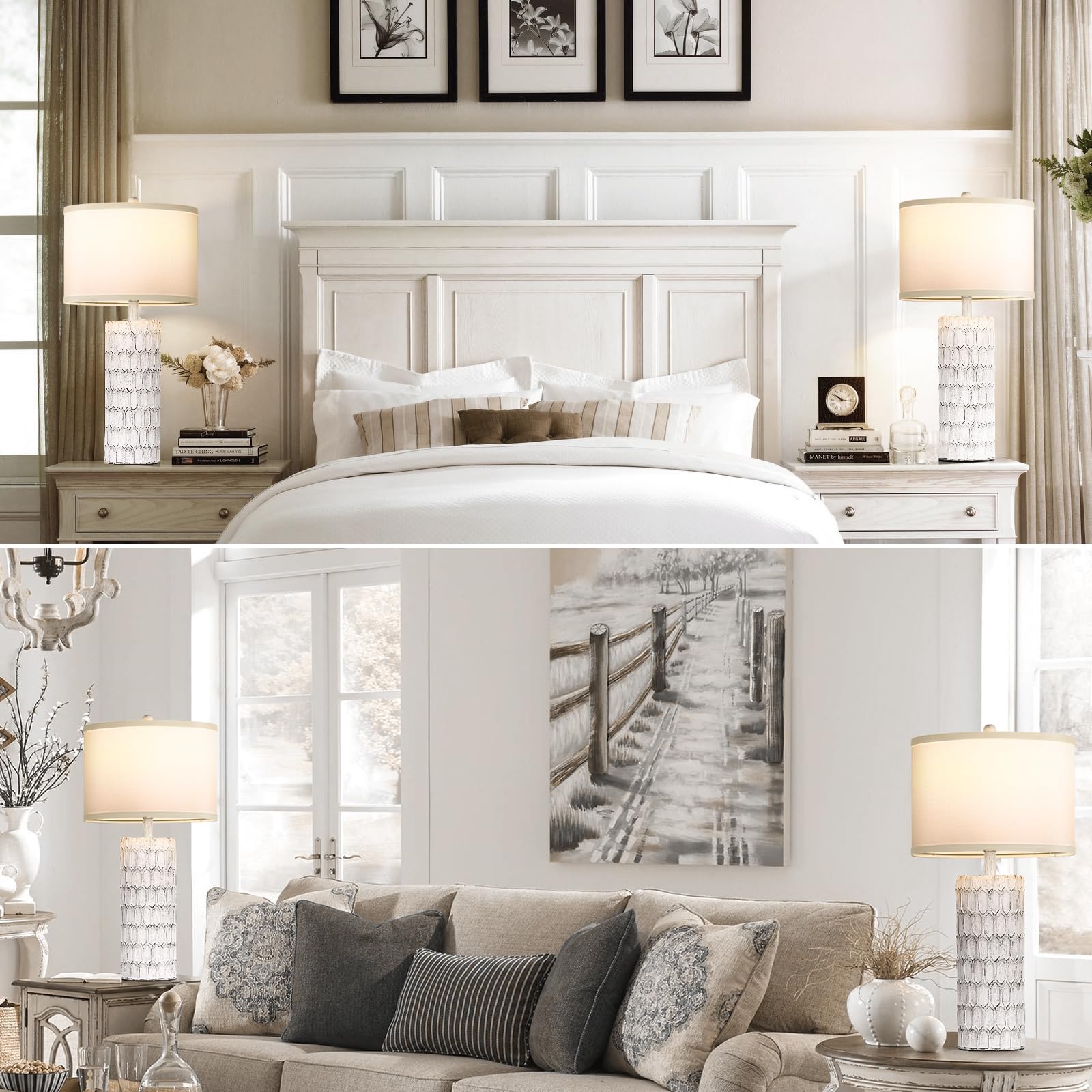 Spclsim 26" Farmhouse Table Lamps For Bedrooms Set Of 2, Traditional Tall End Table Lamps For Living Room,Rustic Bedside Nightstand Lamps With Grey-White Resin Body White Fabric Shade,Bulbs Included